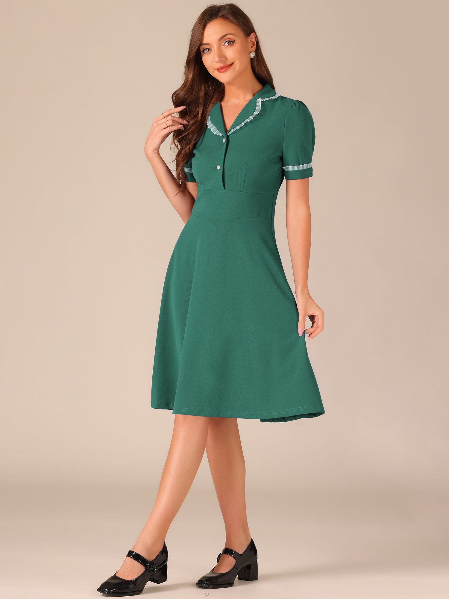 Work Lace Notched Collar Vintage 1950s Short Sleeve Midi Shirt Dress