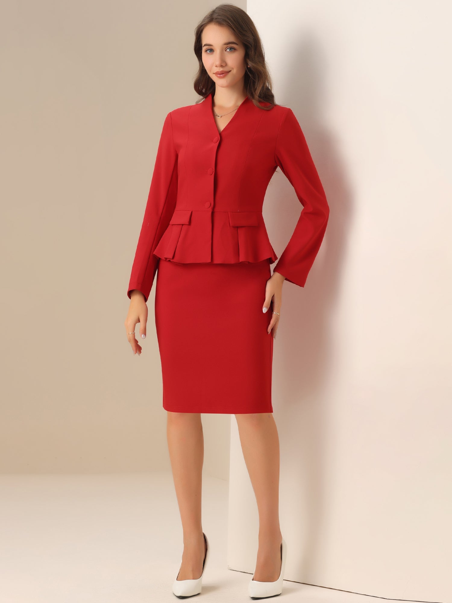 2 Piece Long Sleeve Collarless Peplum Blazer and Pencil Skirt Work Suit Set