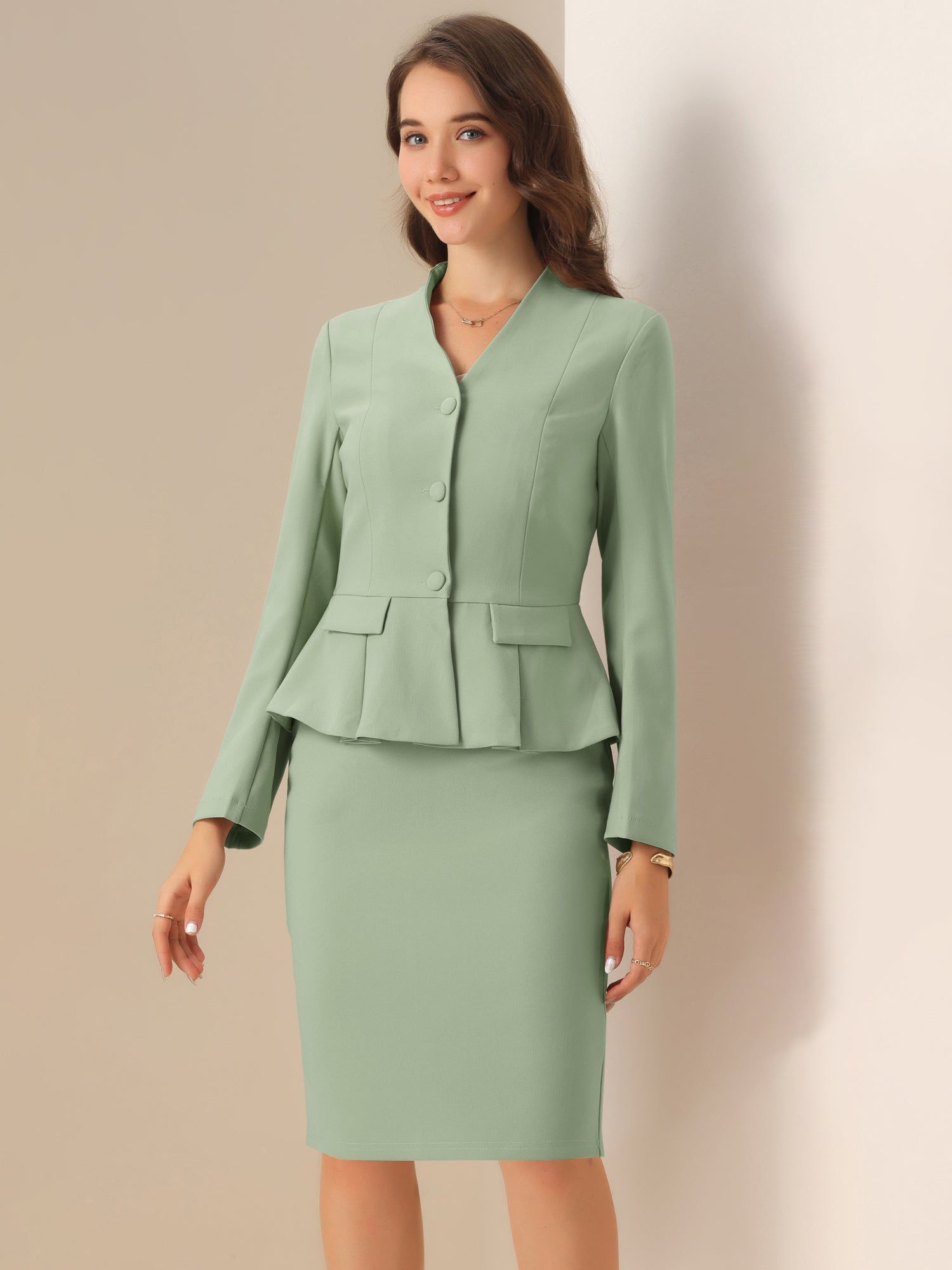 2 Piece Long Sleeve Collarless Peplum Blazer and Pencil Skirt Work Suit Set