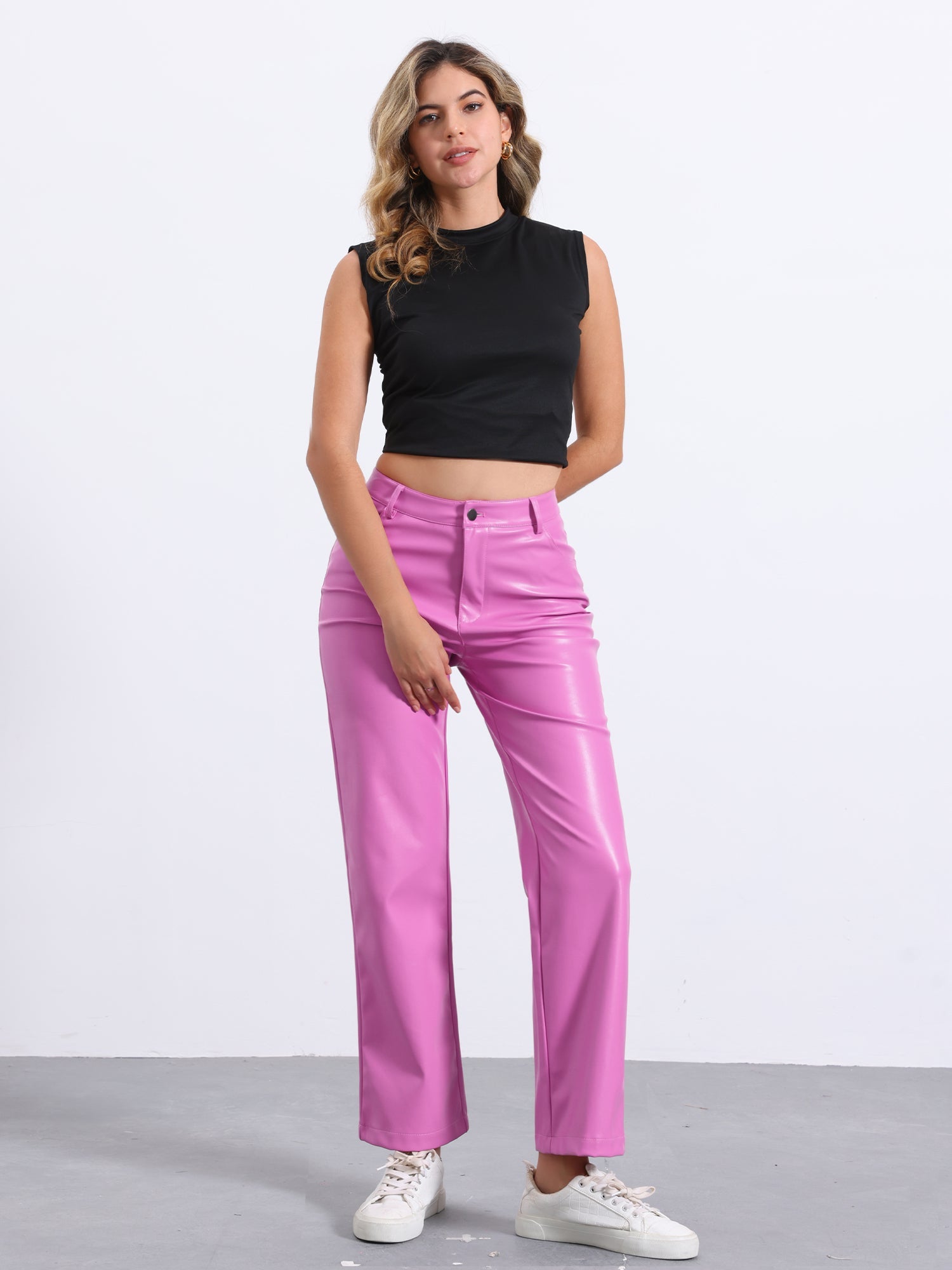 Faux Leather Pants High Waist Straight Leg Casual PU Punk Trousers