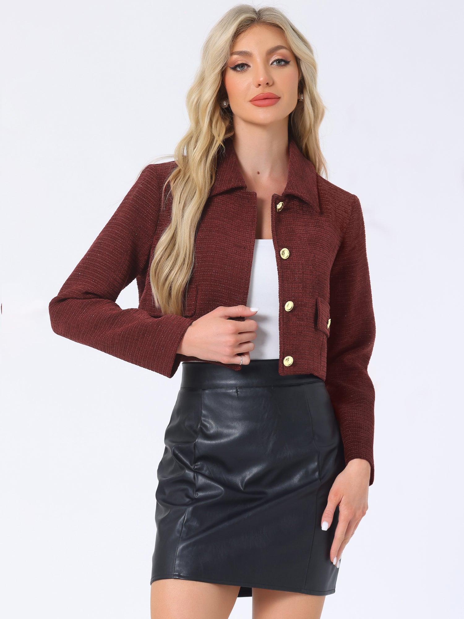 Tweed Collar Long Sleeve Button Down Cropped Jacket