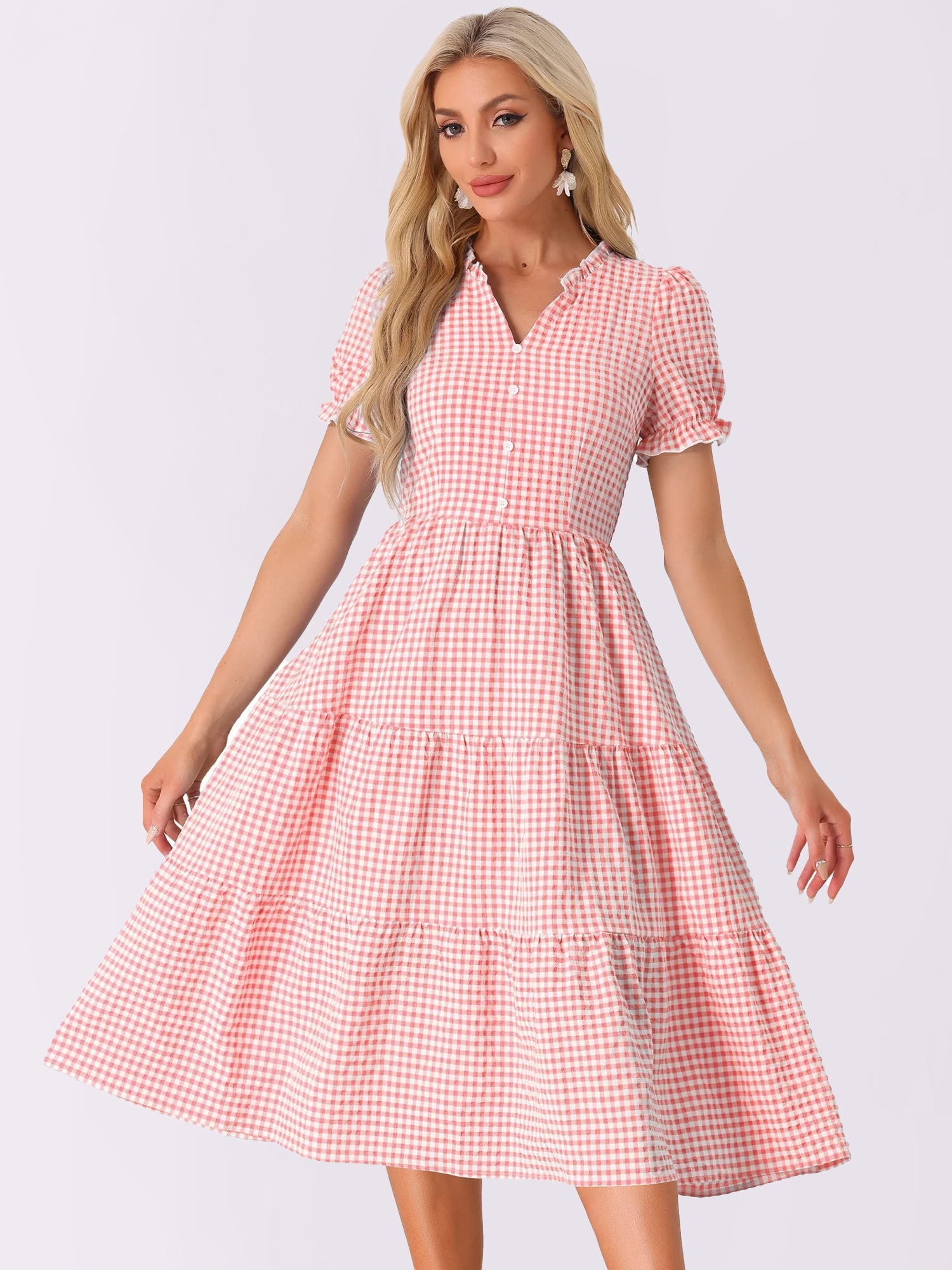 Ruffle Trim V Neck Button Decor Plaid Gingham Tiered Midi Dress