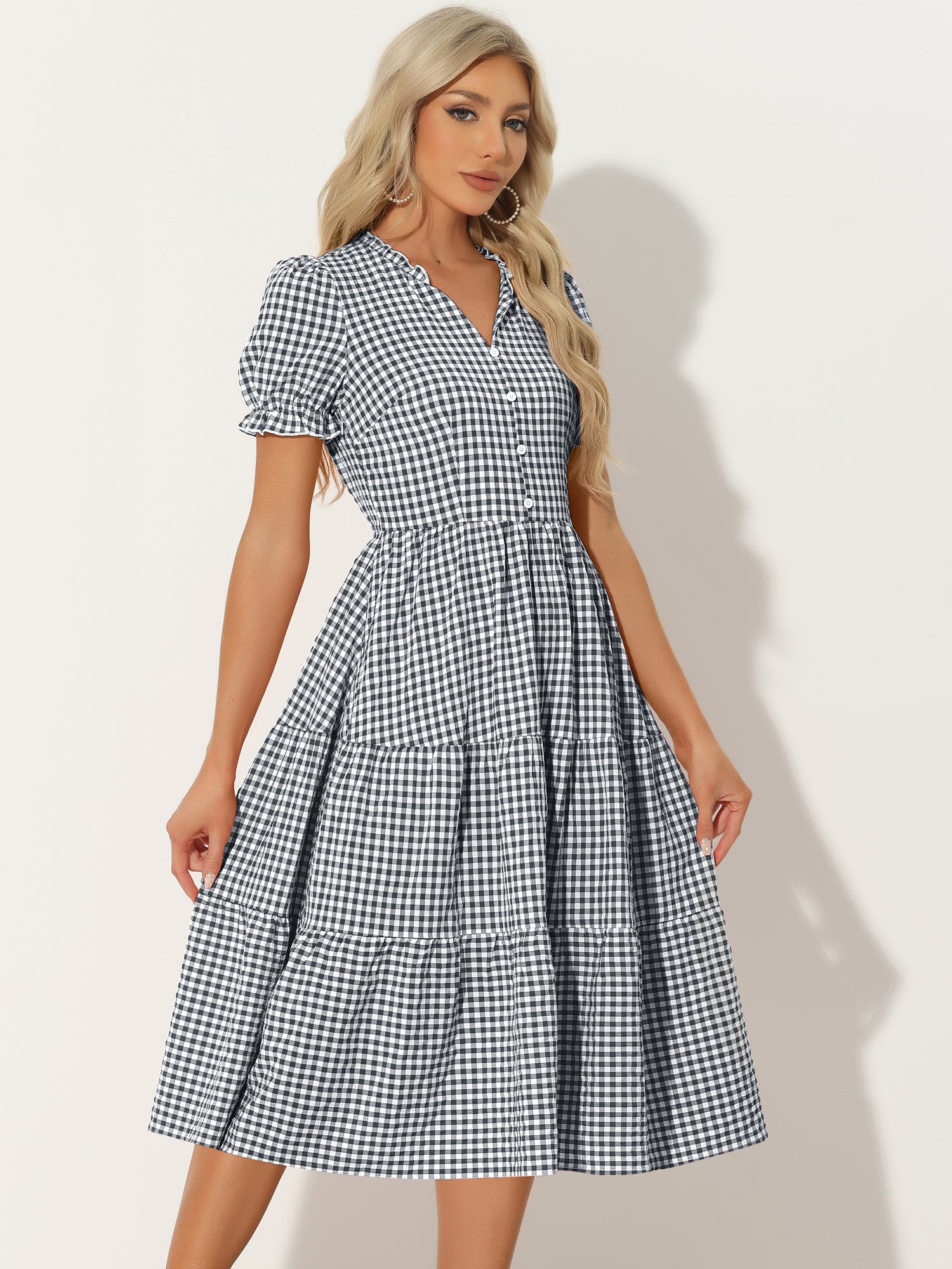 Ruffle Trim V Neck Button Decor Plaid Gingham Tiered Midi Dress