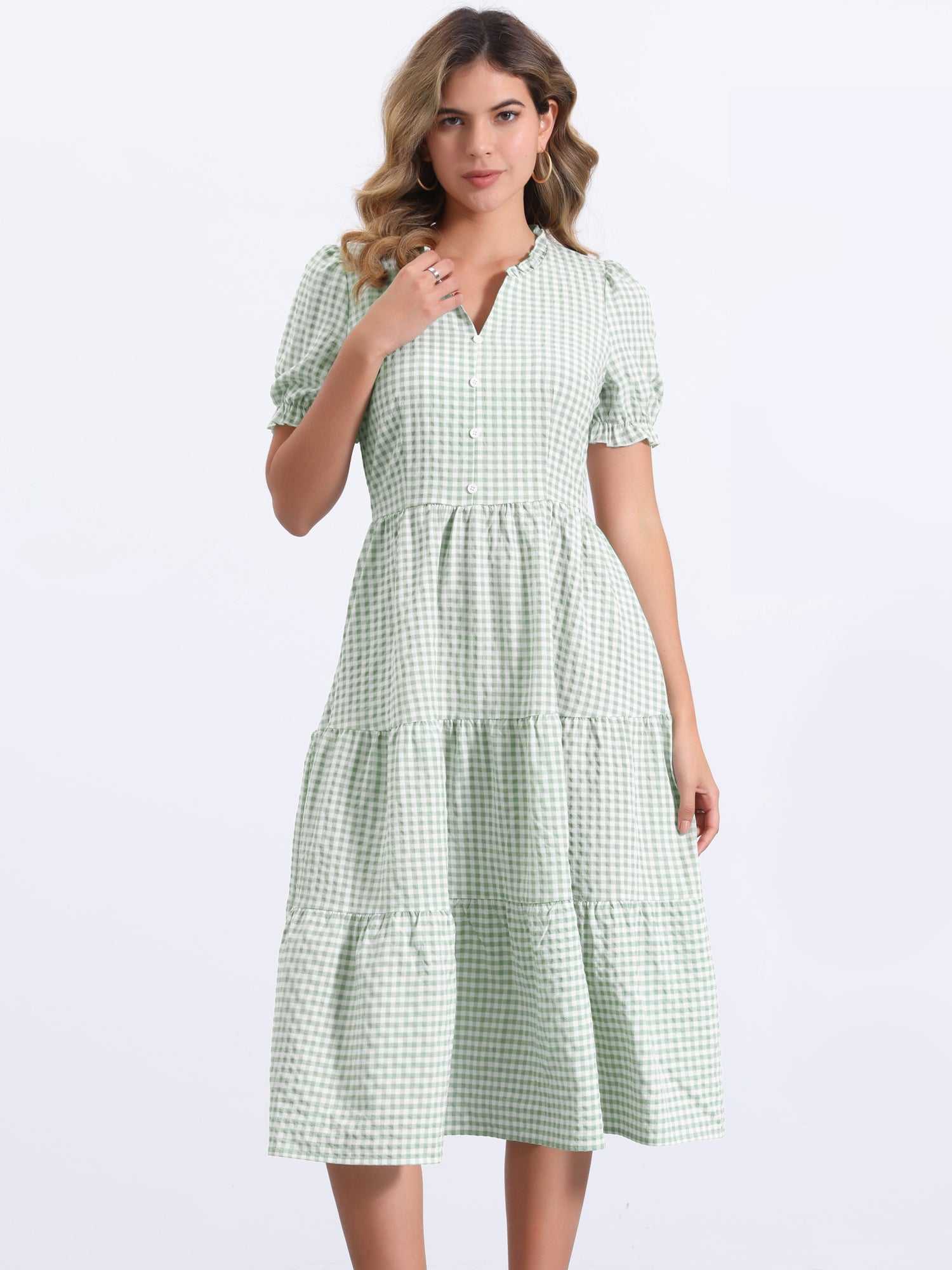 Ruffle Trim V Neck Button Decor Plaid Gingham Tiered Midi Dress