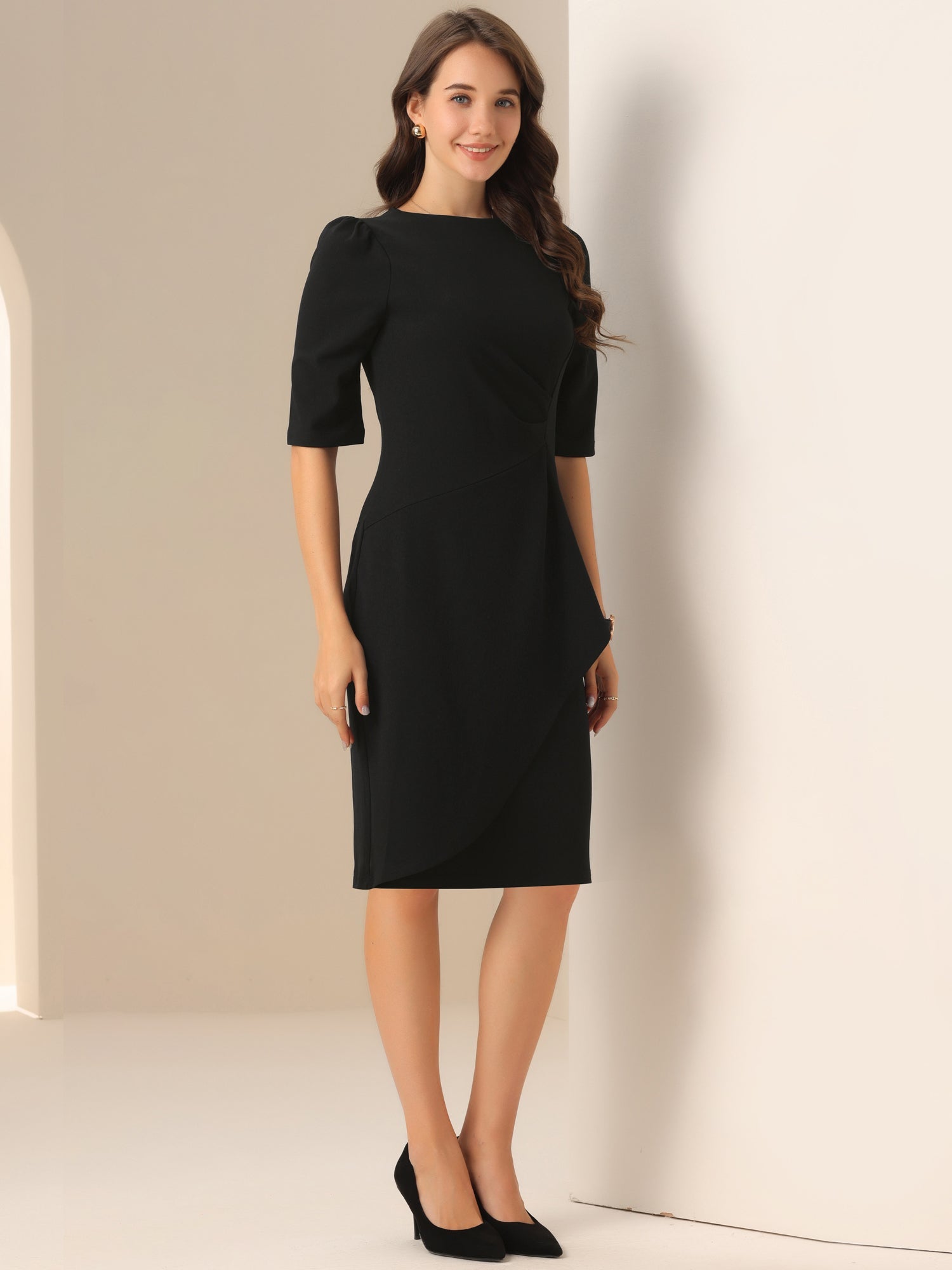 Ruched Puff Short Sleeve Work Sheath Midi Dress