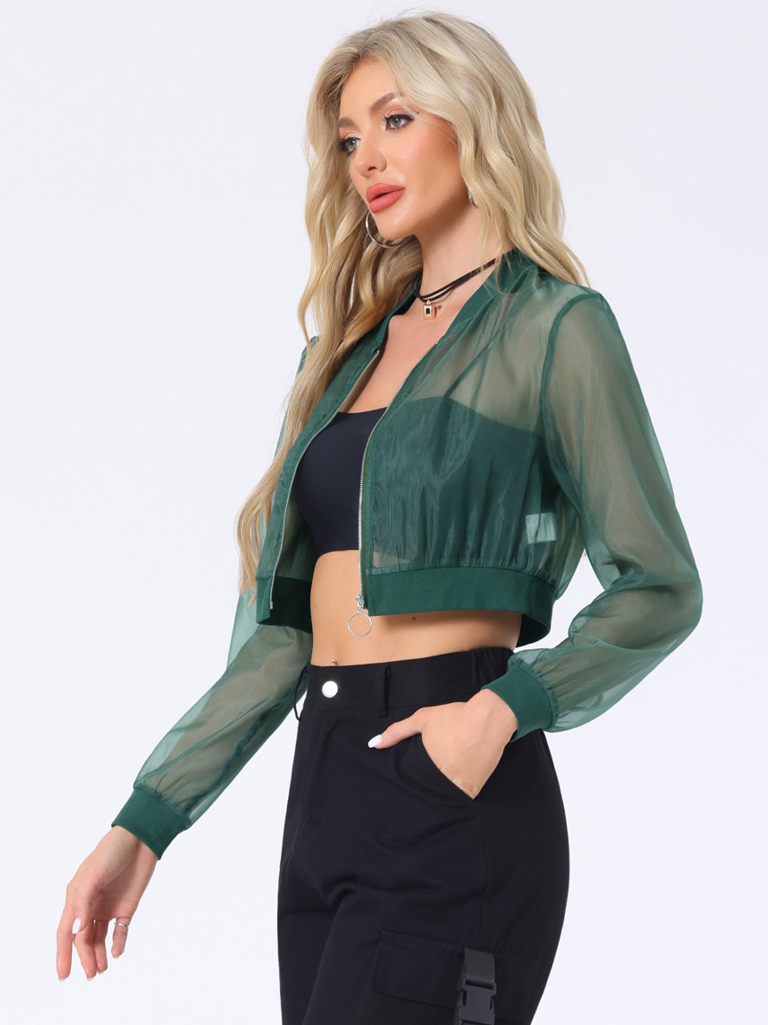 Bomber Long Sleeve Crop Mesh Sheer Zip Up Jackets