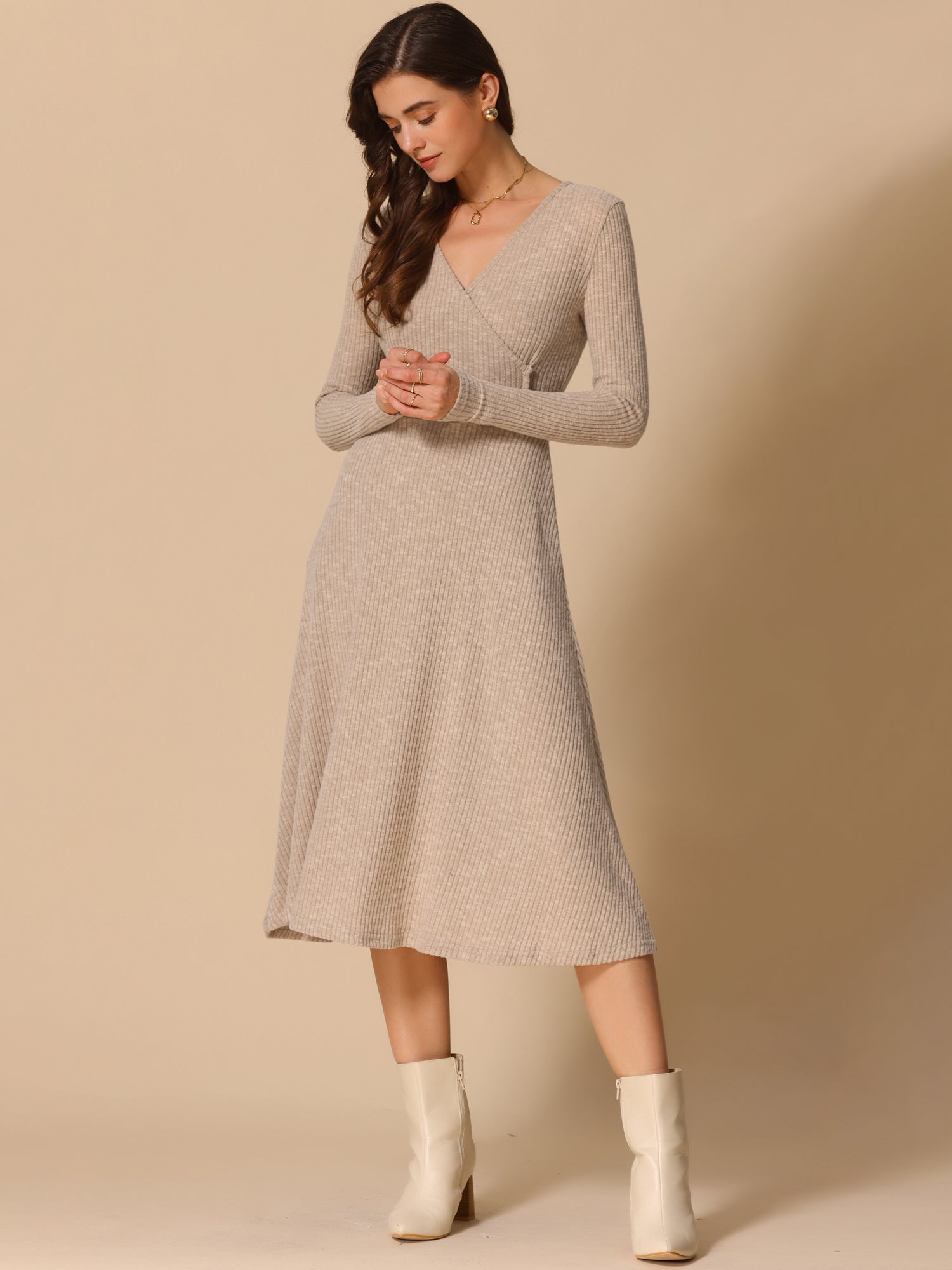 Long Sleeve Pockets A-Line Midi Ribbed Knit Dress