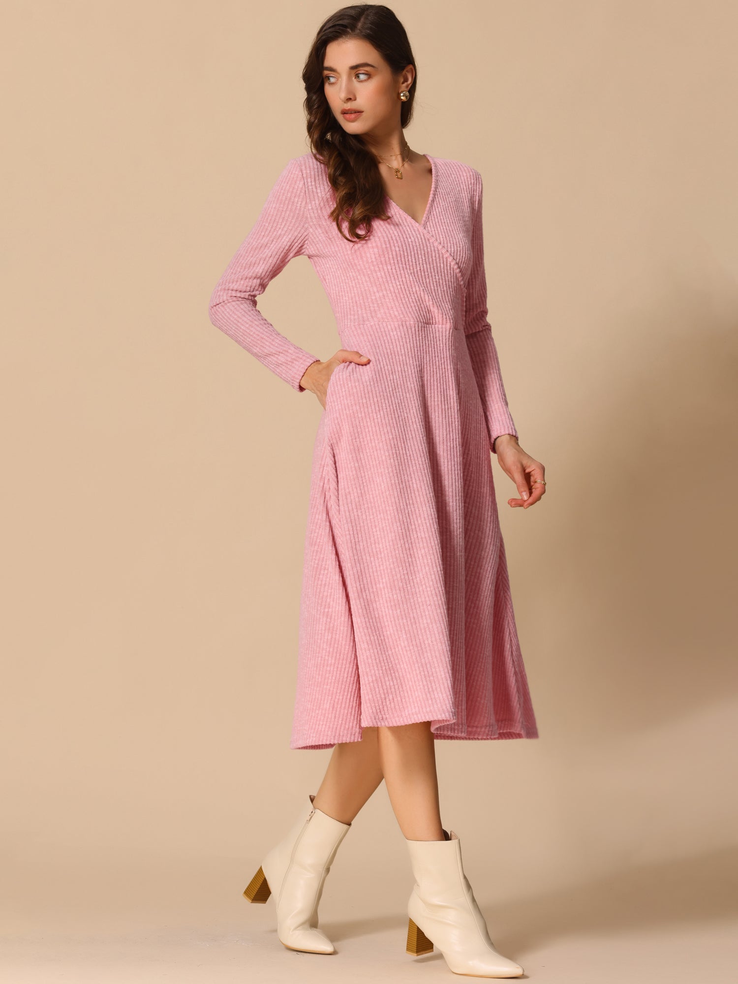Long Sleeve Pockets A-Line Midi Ribbed Knit Dress