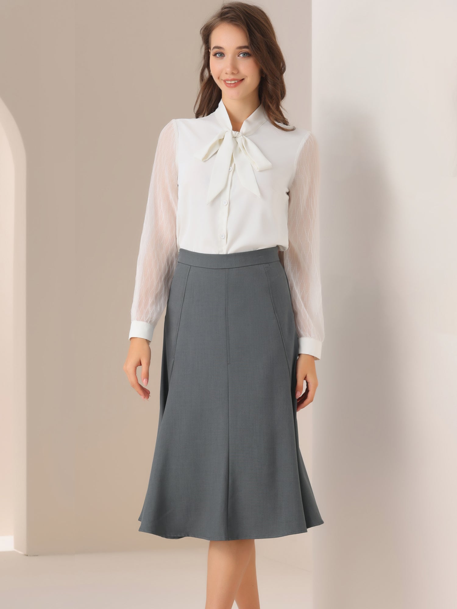 Side Zipper High Waist Elegant Flared A Line Midi Skirt
