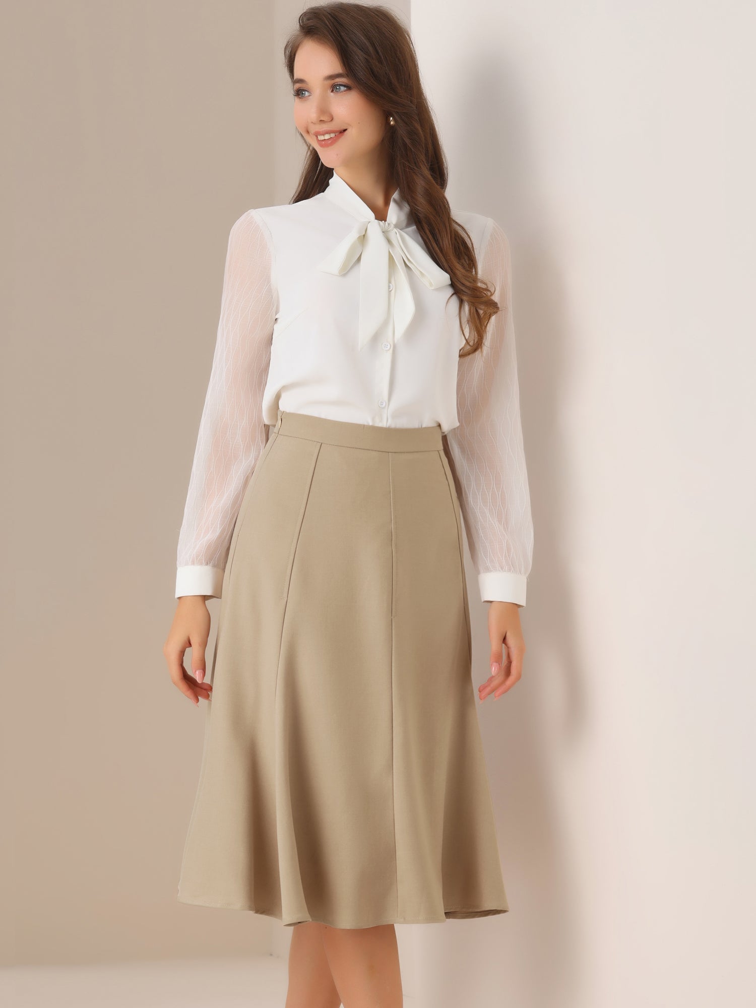 Side Zipper High Waist Elegant Flared A Line Midi Skirt