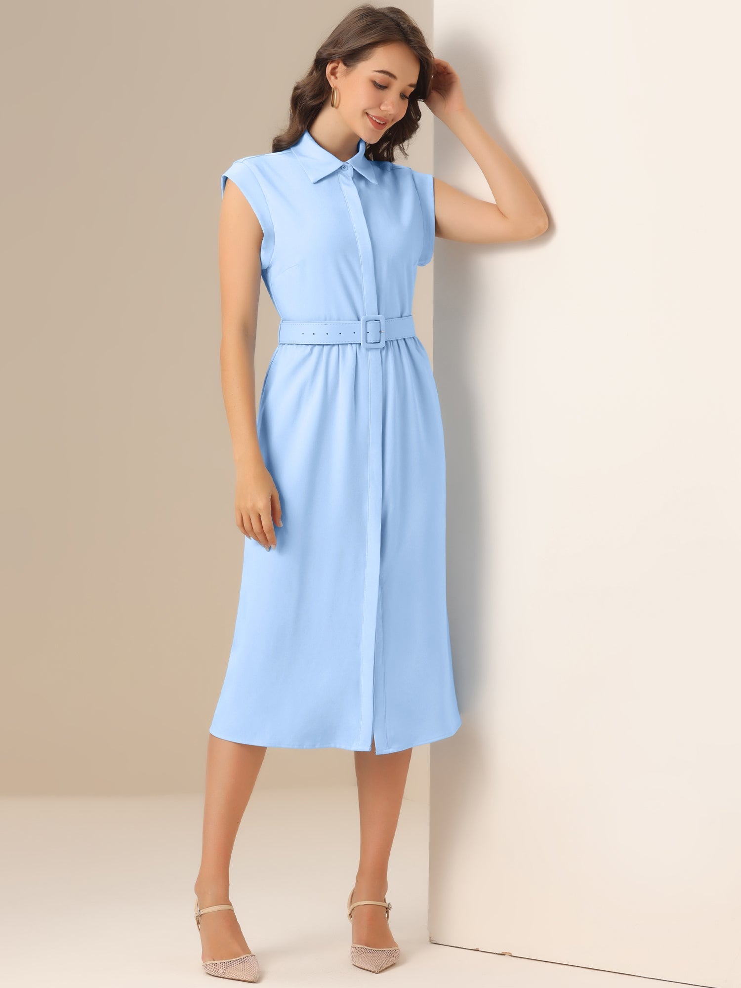Cap Sleeves Collared Button Down Belted Midi Work Dress