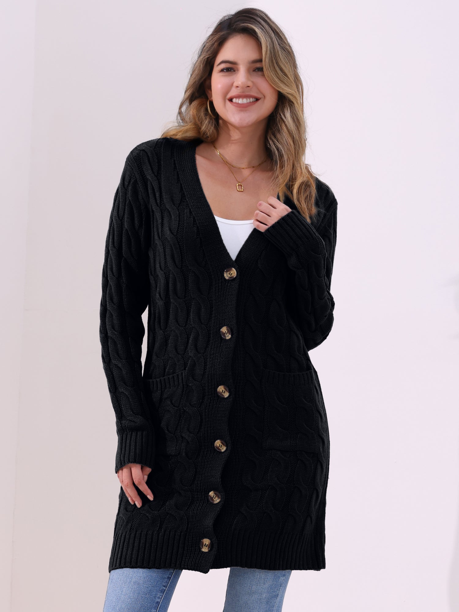 Long Sleeves Cable Knit Button Down Cardigan