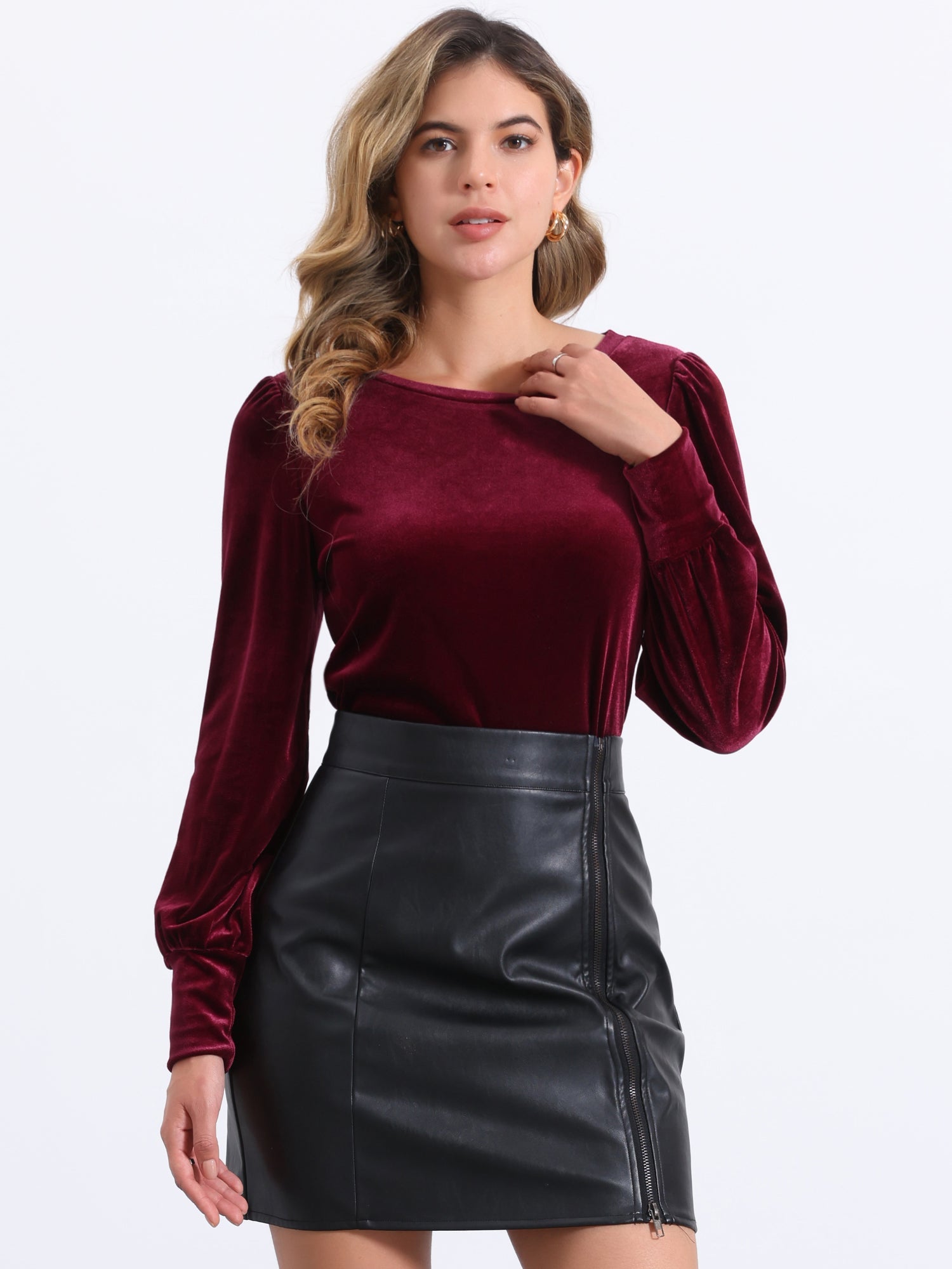 Velvet Round Neck Puff Long Sleeve Casual Pullover Blouse