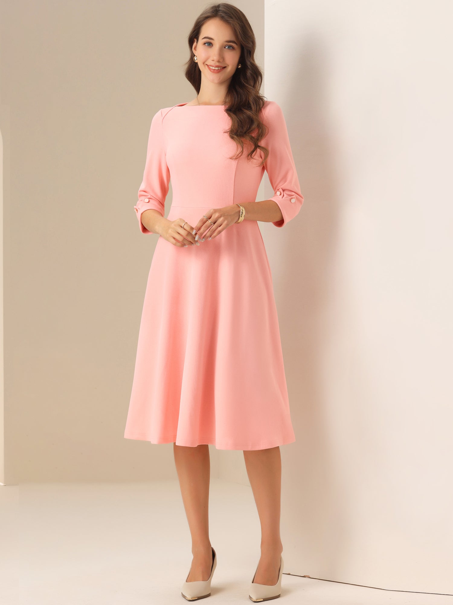 3/4 Sleeve Boat Neck Solid Color A-Line Midi Dress