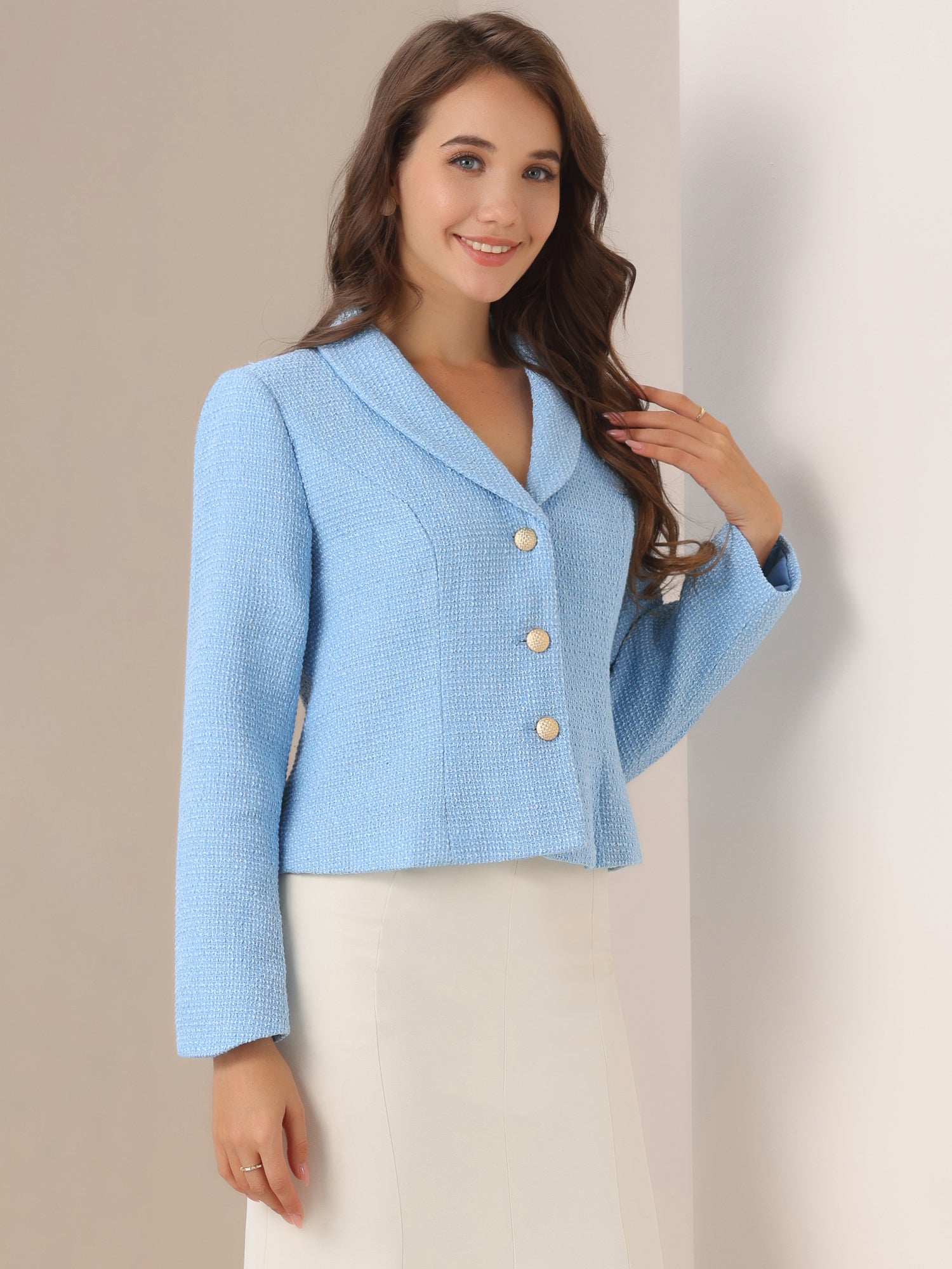 Tweed Shawl Collar Button Down Long Sleeves Textured Blazer