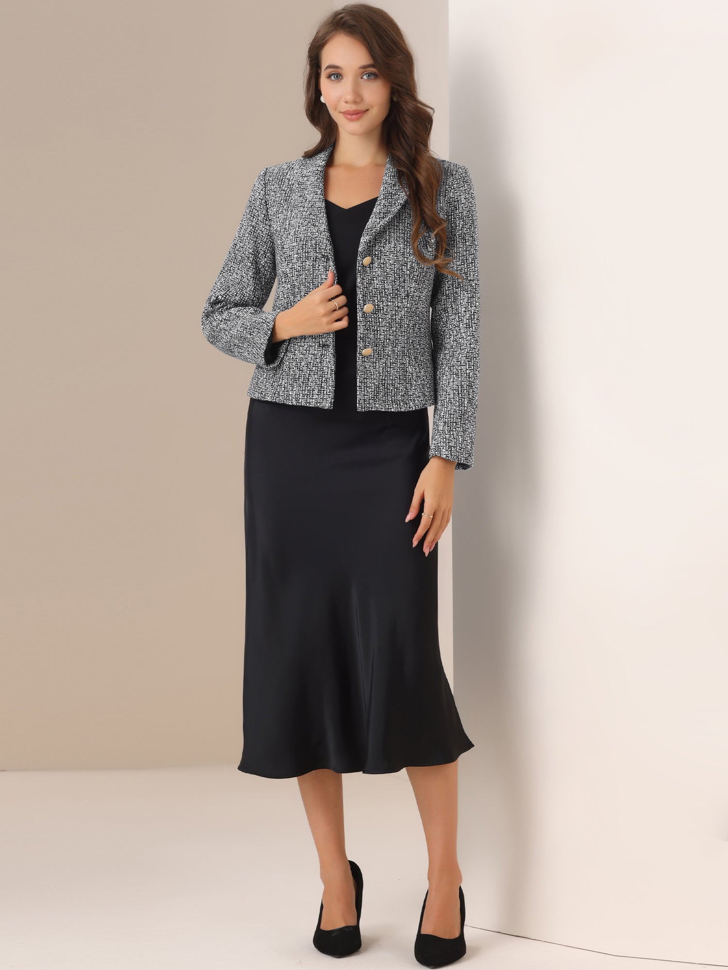 Tweed Shawl Collar Button Down Long Sleeves Textured Blazer