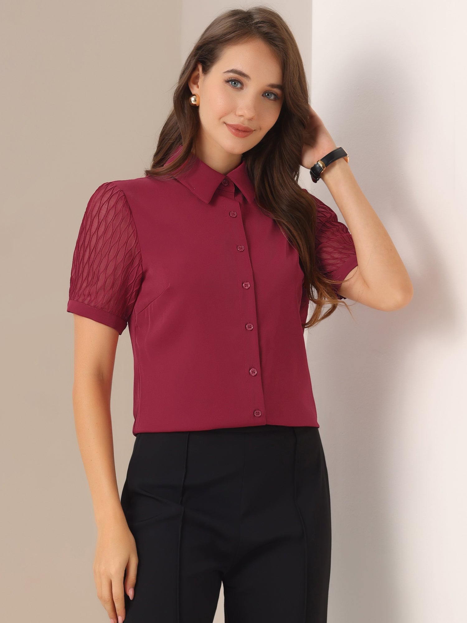 Button Down Shirt Sheer Short Sleeve Point Collar Work Tops