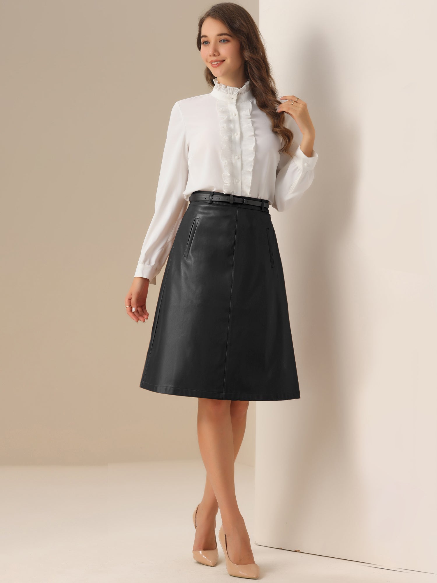 Faux Leather Belted A-Line High Waist Midi Skirt