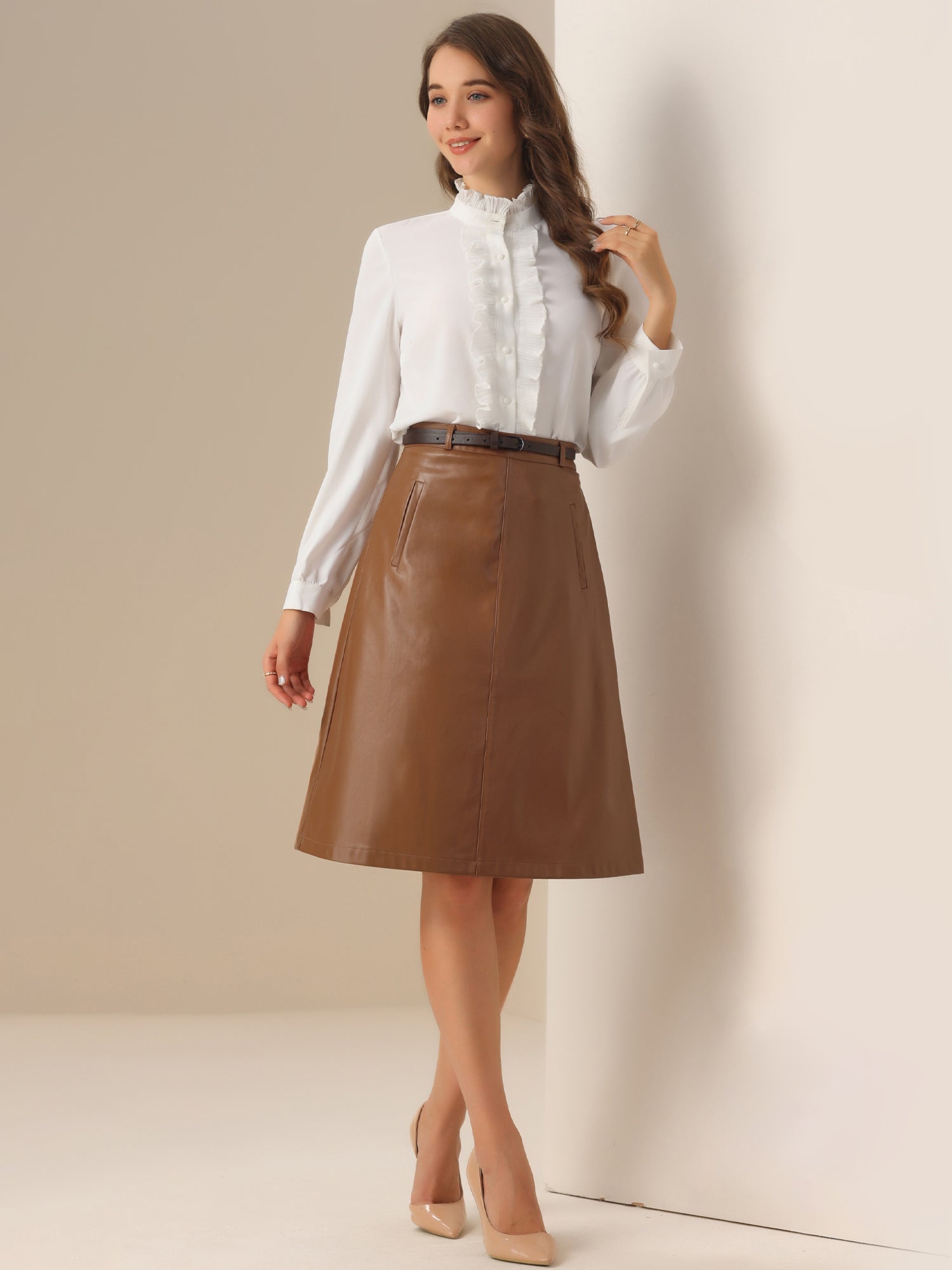 Faux Leather Belted A-Line High Waist Midi Skirt