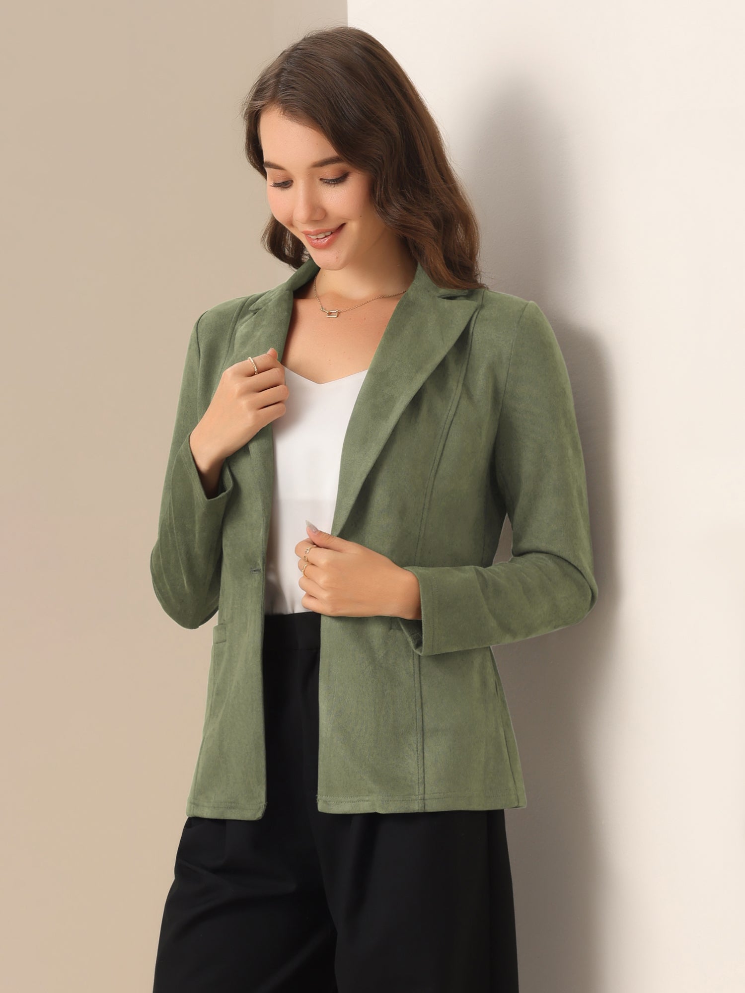 Faux Suede Lapel Collar Long Sleeve Casual Work Office Jacket