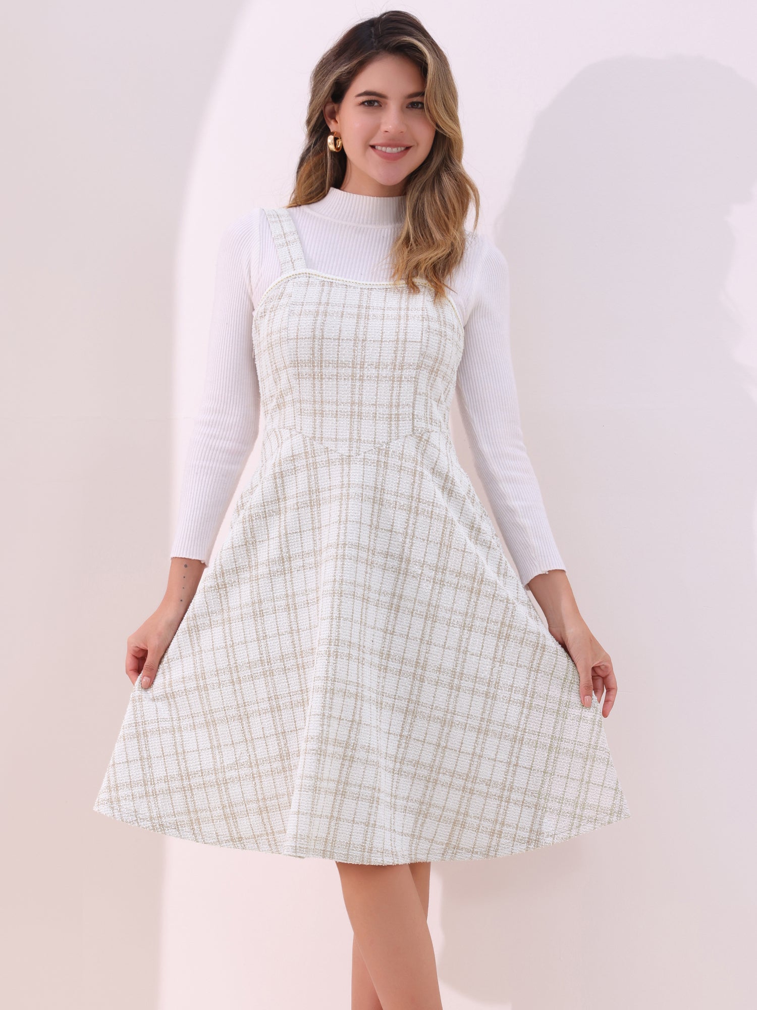 Tweed Plaid Sleeveless Pockets A-Line Pinafore Overall Dress