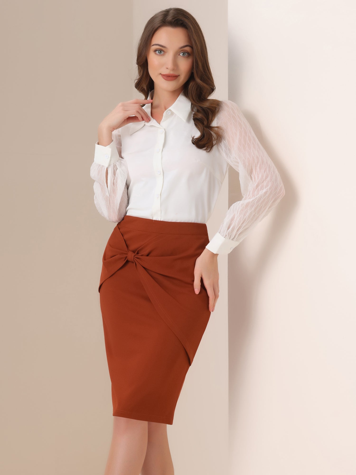 Work Pencil Ruched High Waist Bodycon Midi Skirt