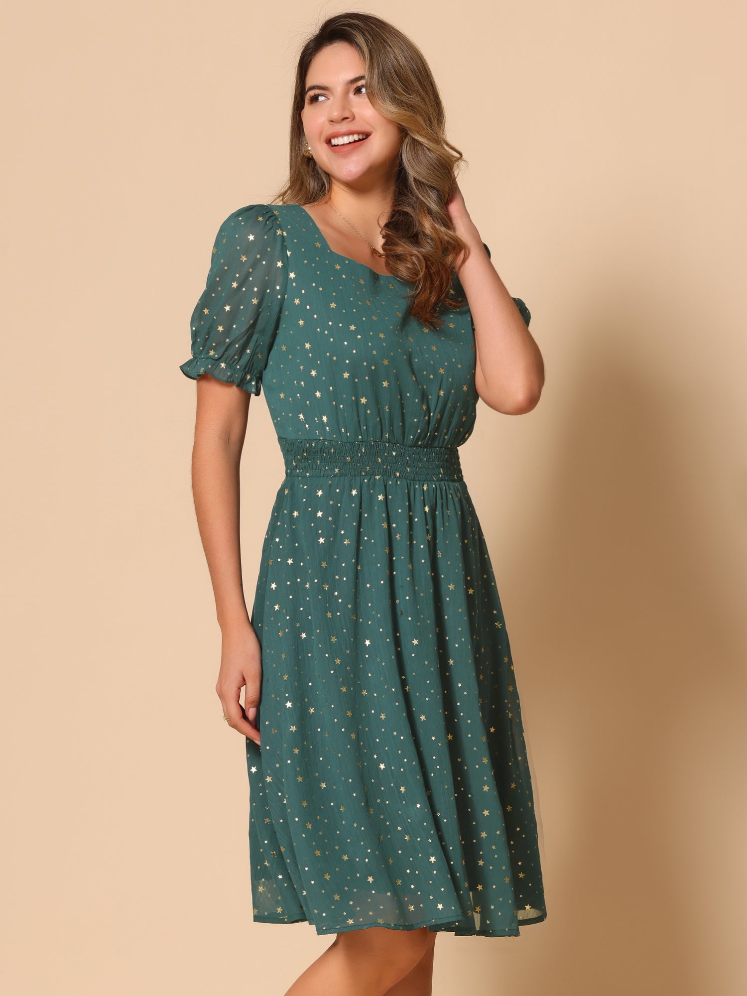 Square Neck Metallic Stars Ruffle Short Sleeve A-Line Smocked Waist Midi Dress
