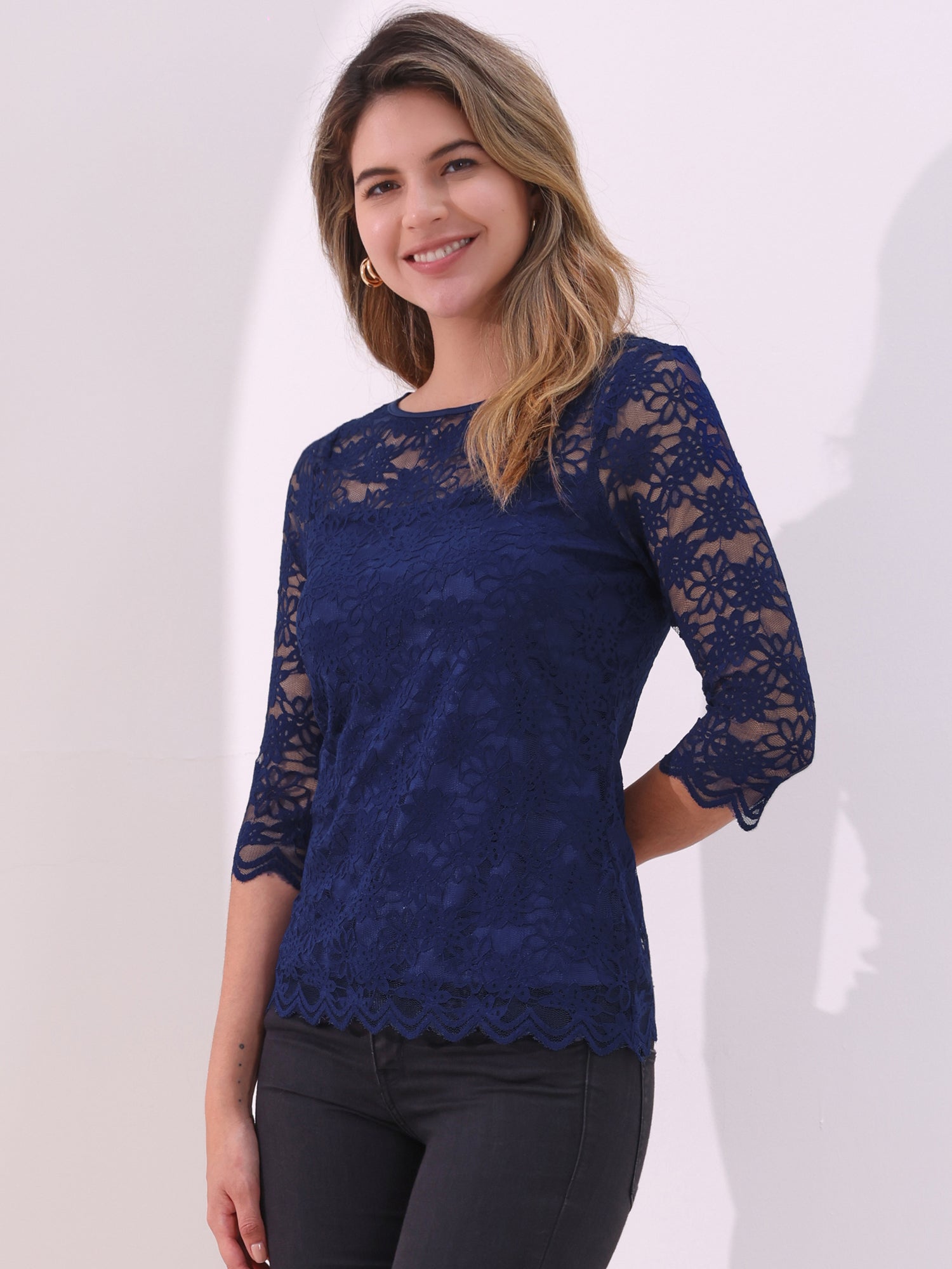 Floral Lace Sheer 3/4 Sleeve Boat Neck Blouse