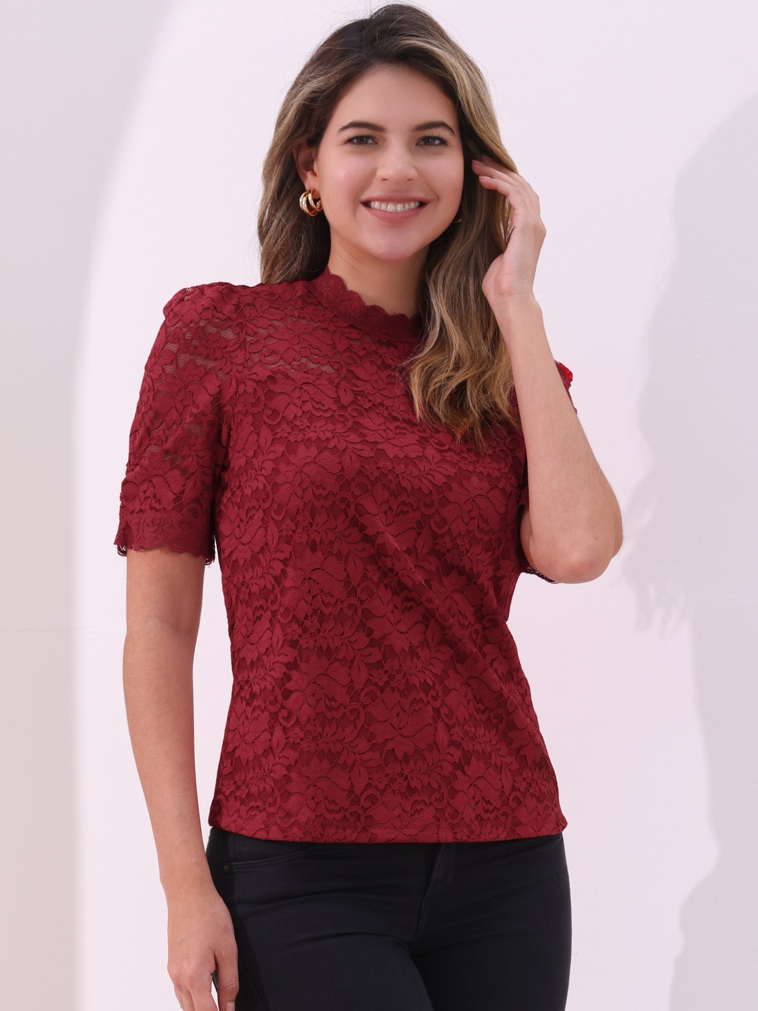 Floral Lace Mock Neck Puff Short Sleeve Blouse