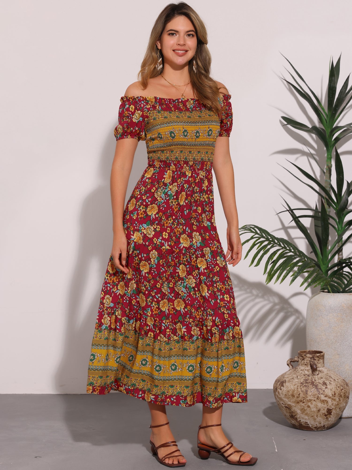 Boho Floral Off Shoulder Puff Sleeves Maxi Smocked Dress