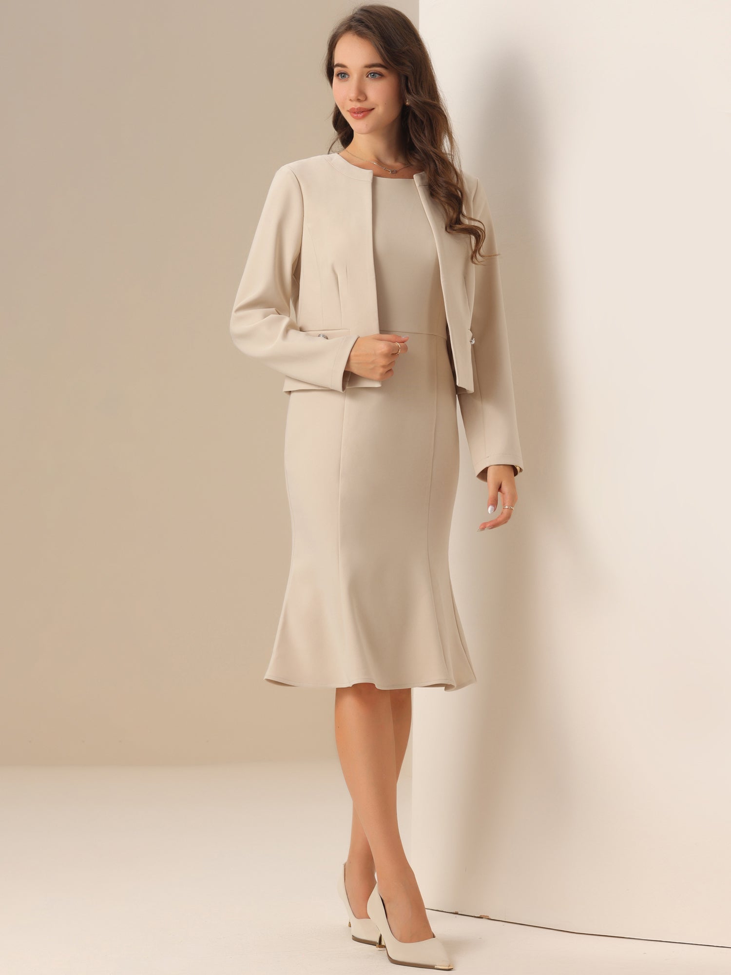 2 Pieces Long Sleeves Collarless Jacket & Sleeveless Fishtail Midi Dress Sets
