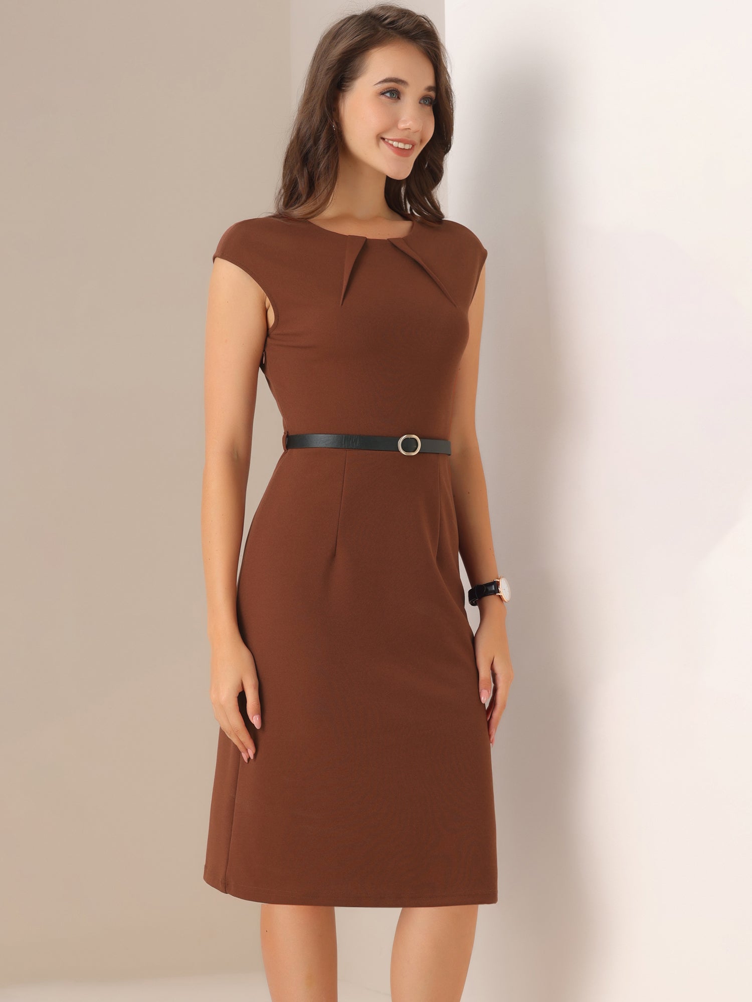 Elegant Business Cap Sleeve Belted Pencil Work Sheath Dress