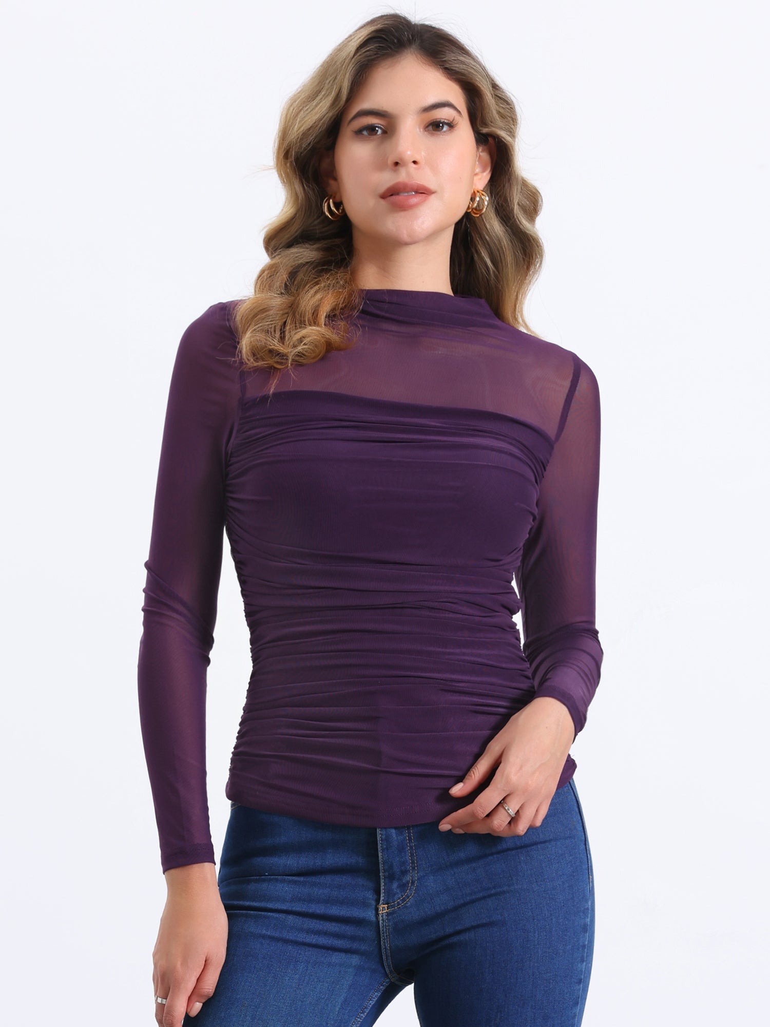 Mesh Solid Long Sleeve Mock Neck Sheer Panel Side Shirring Top