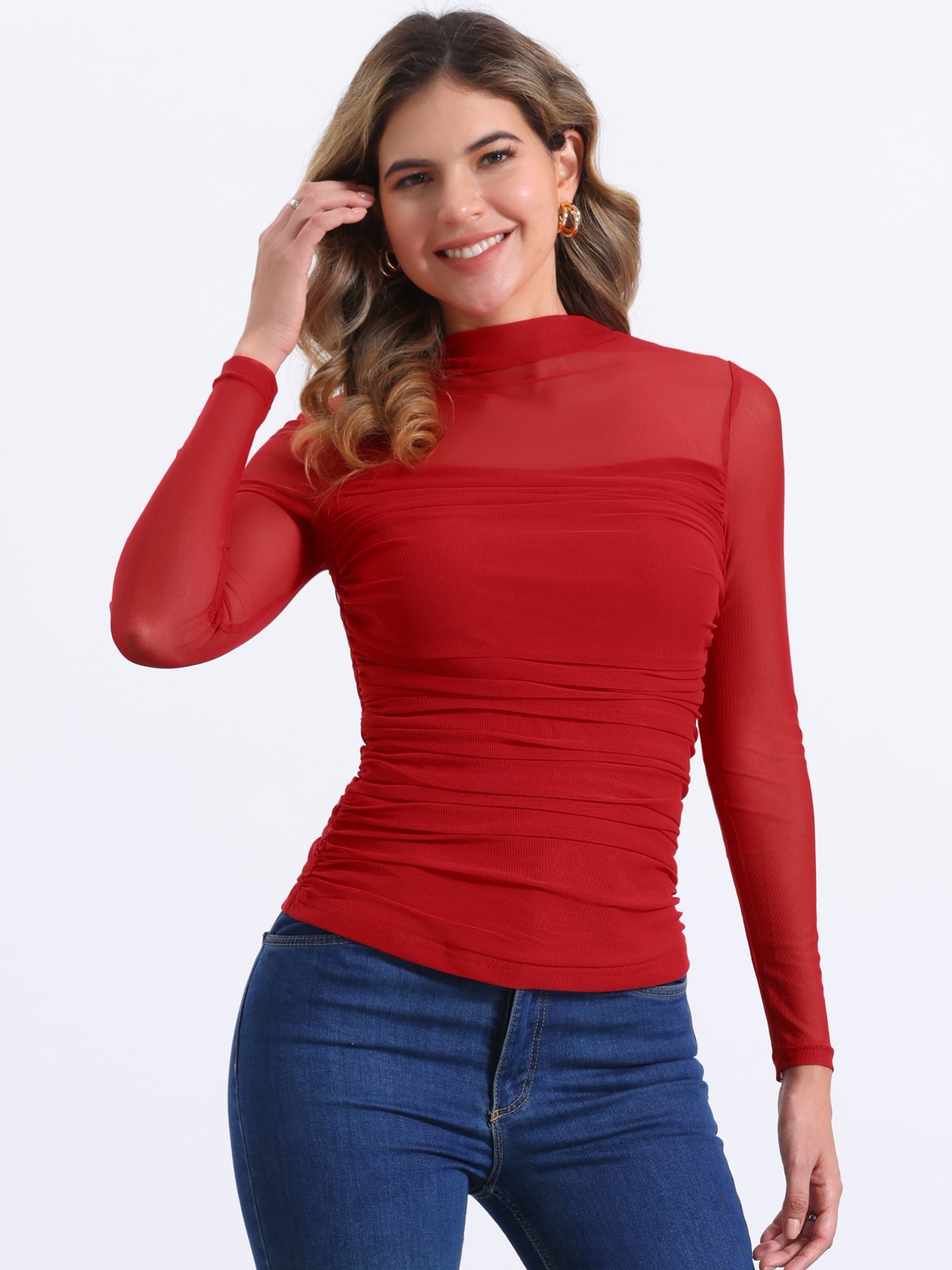 Mesh Solid Long Sleeve Mock Neck Sheer Panel Side Shirring Top