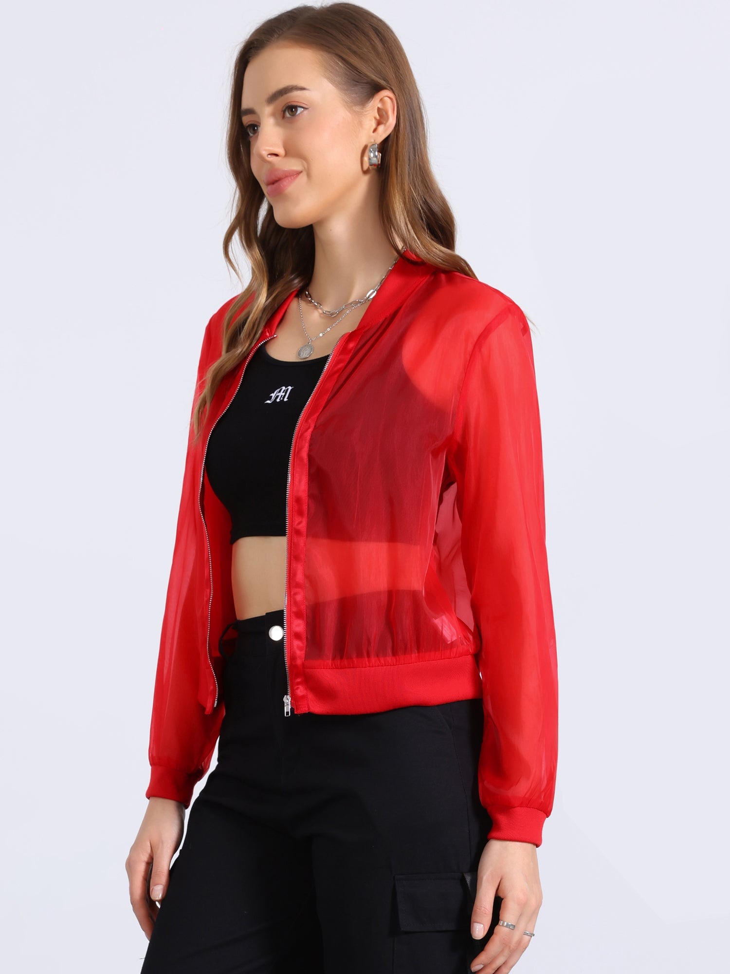 Zip Up See Through Lightweight Long Sleeve Mesh Bomber Jacket