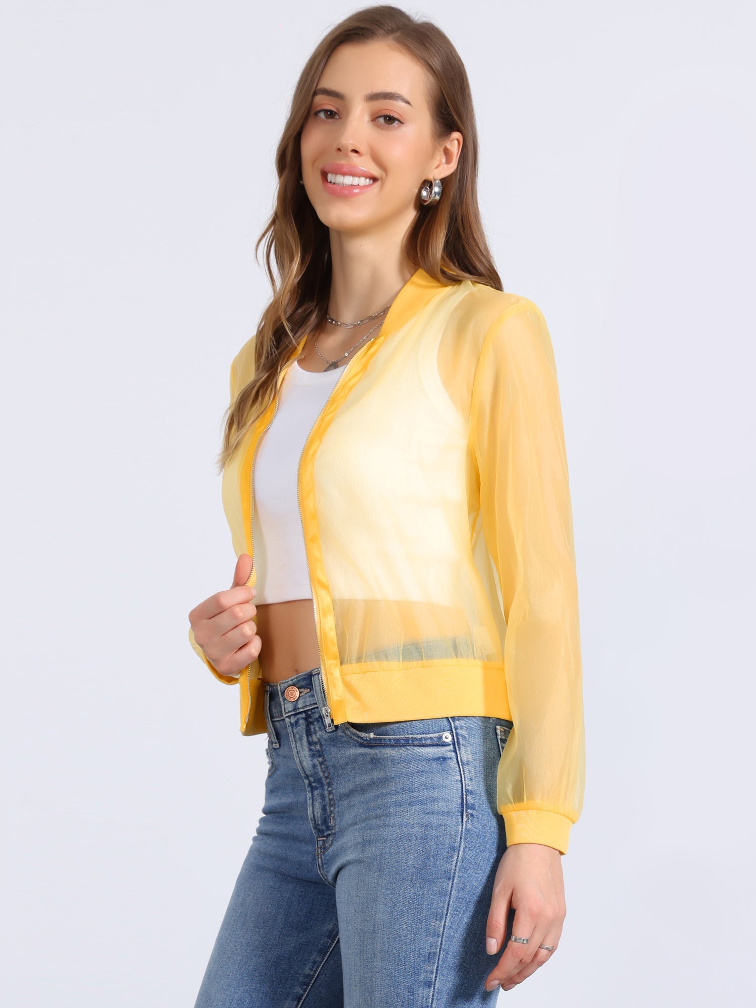 Zip Up See Through Lightweight Long Sleeve Mesh Bomber Jacket