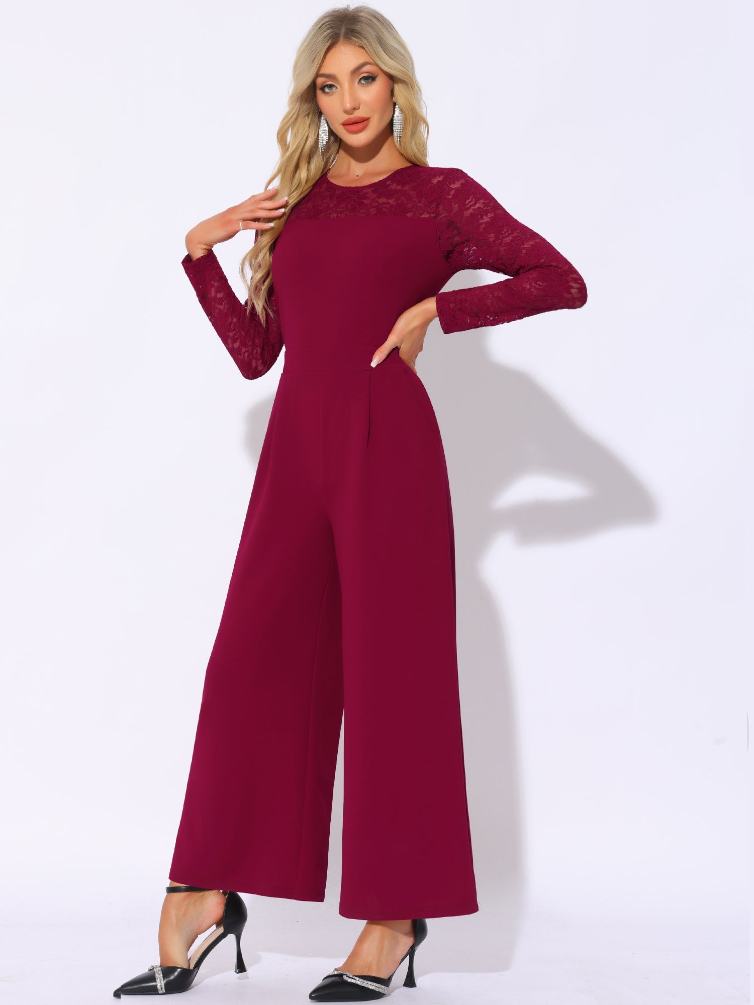 Crew Neck Mesh Lace Sleeve Wide Leg Jumpsuit
