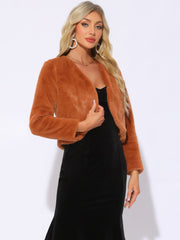 Long Sleeve Open Front Bolero Winter Cropped Faux Fur Jacket