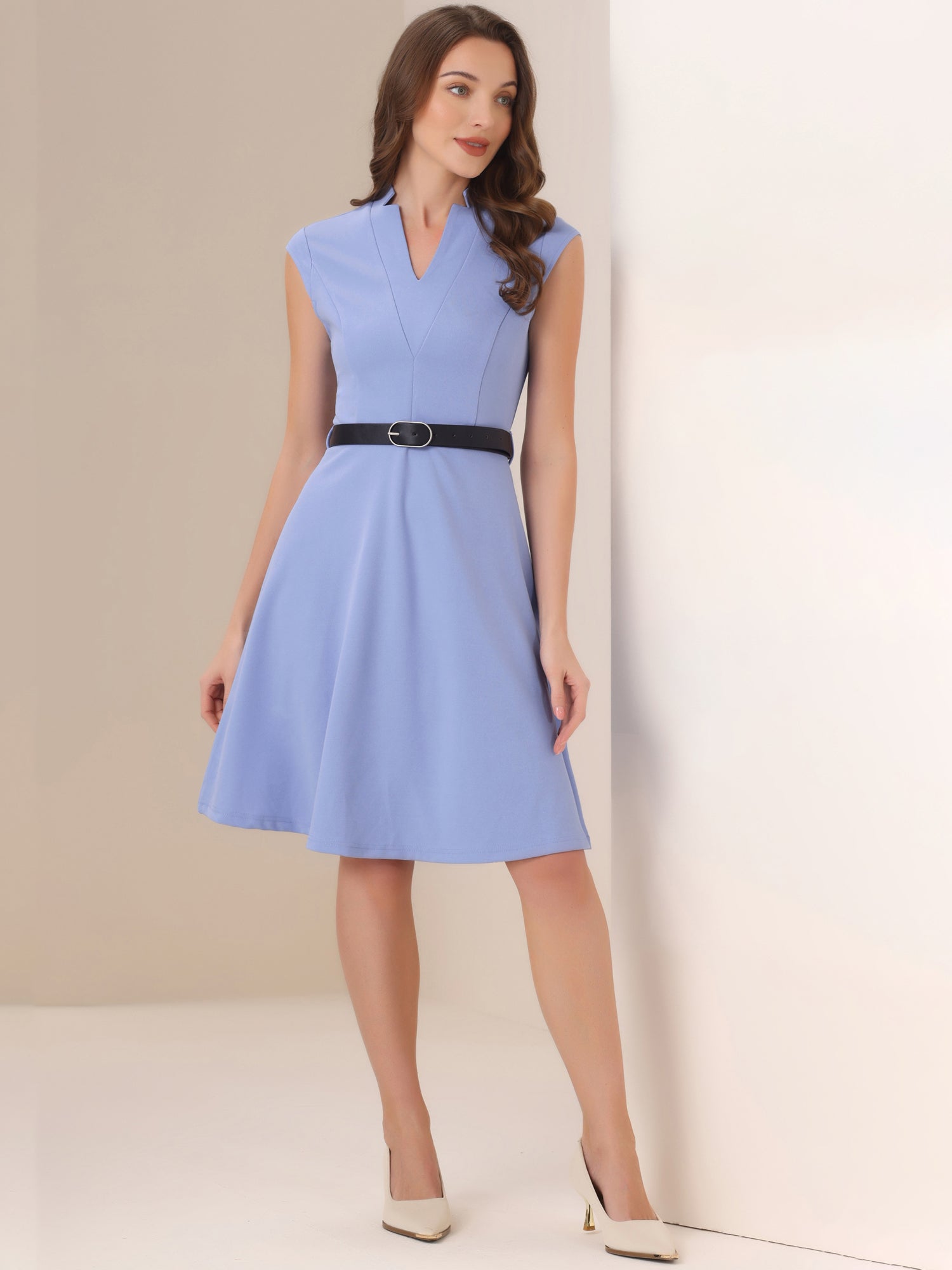 Office V Neck Work Sleeveless A-line Midi Solid Belted Dress