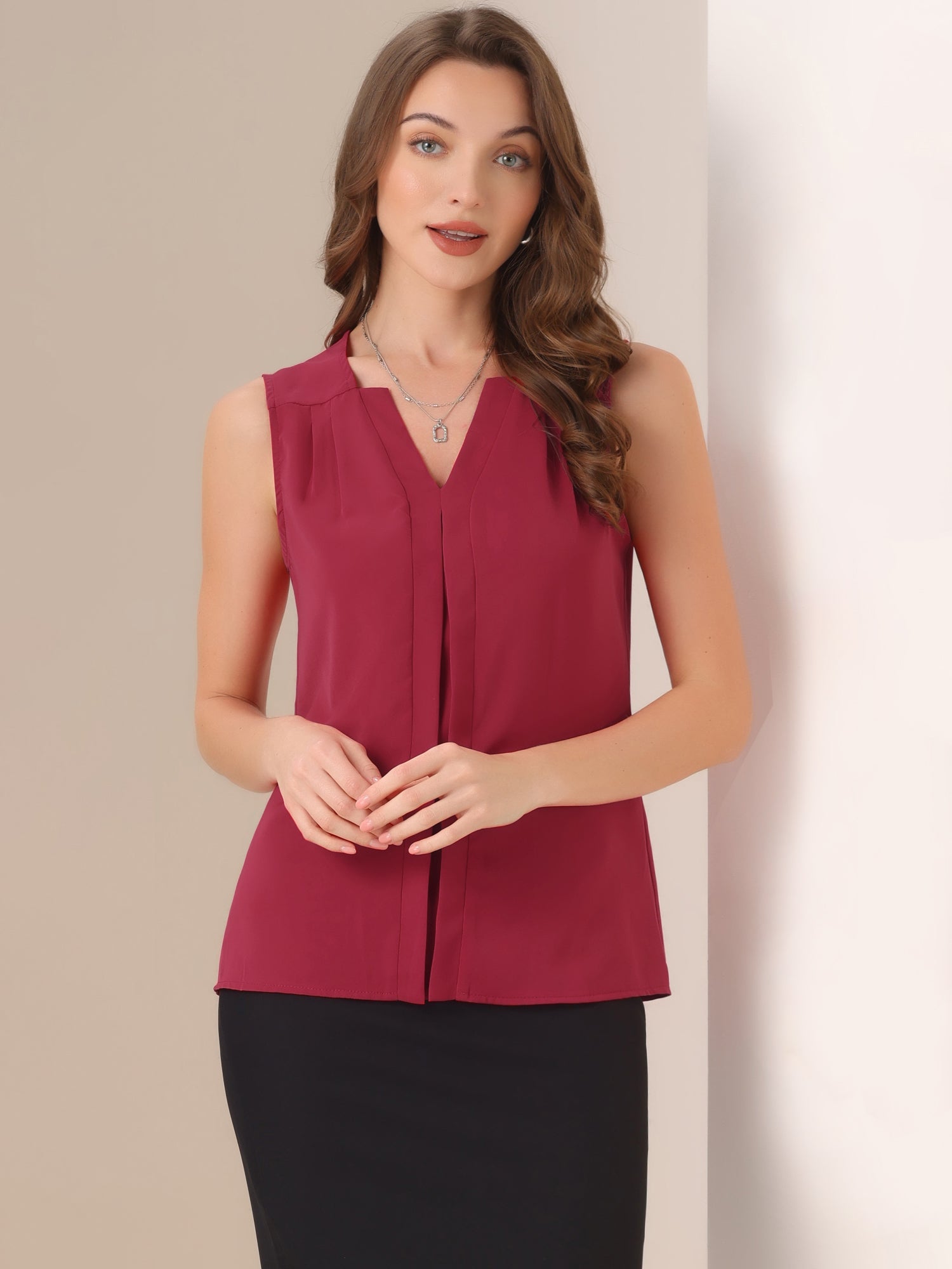 Sleeveless Work Top Pleated Chiffon V Neck Blouse