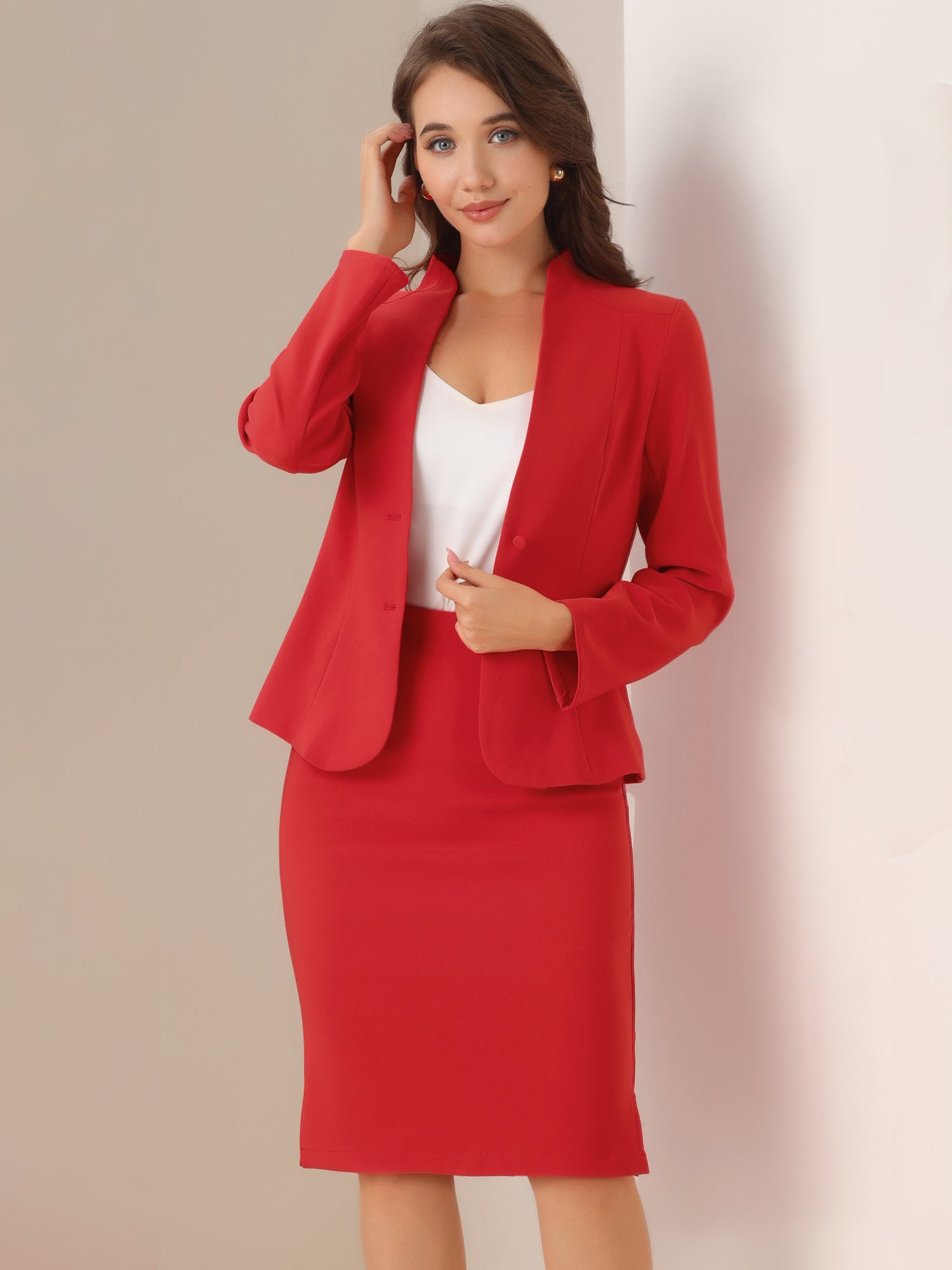 2pc Business Collarless Blazer and Formal Pencil Skirt Suit Sets
