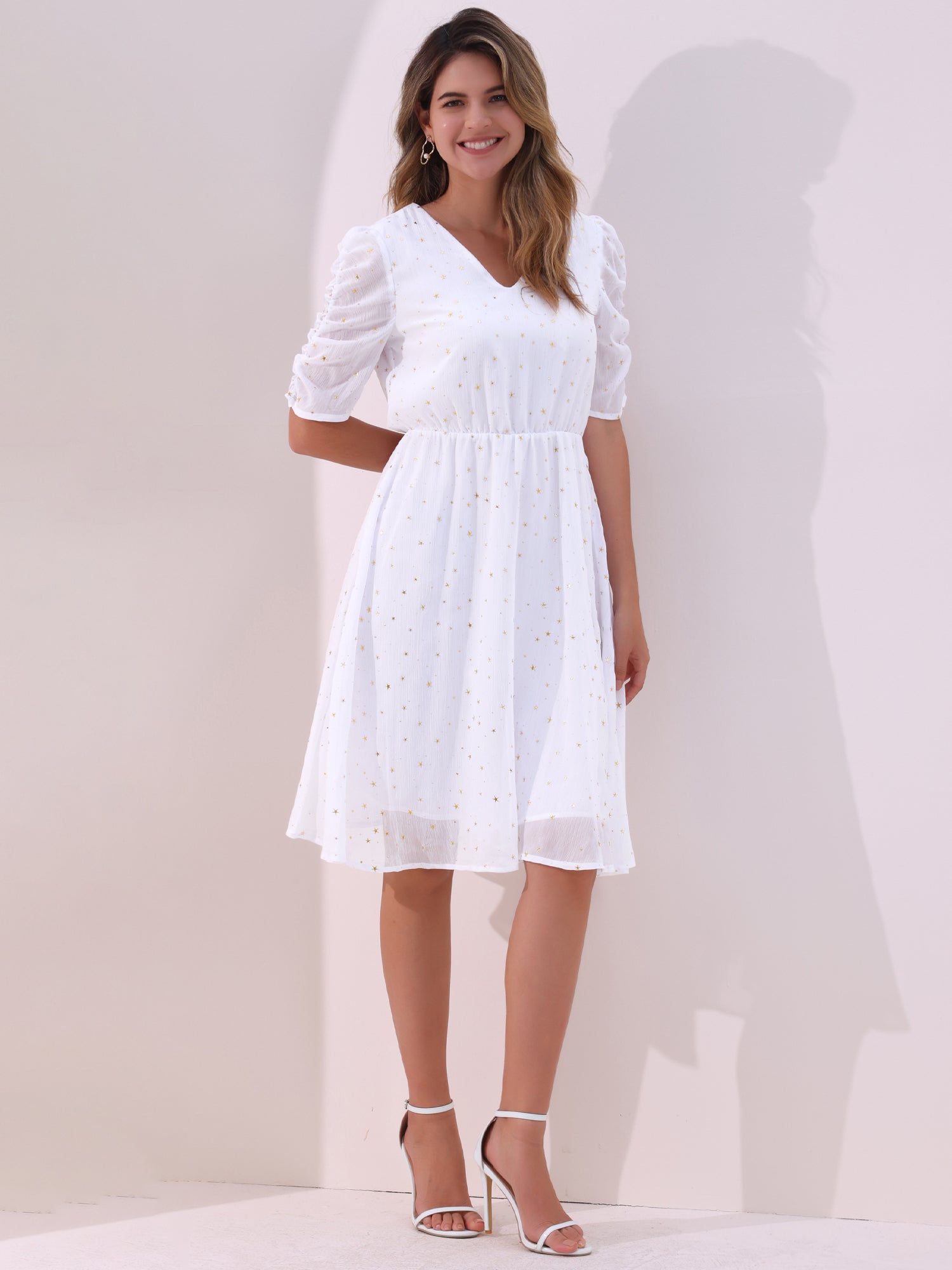 Metallic Stars Ruched Sleeve V Neck A-line Chiffon Dress