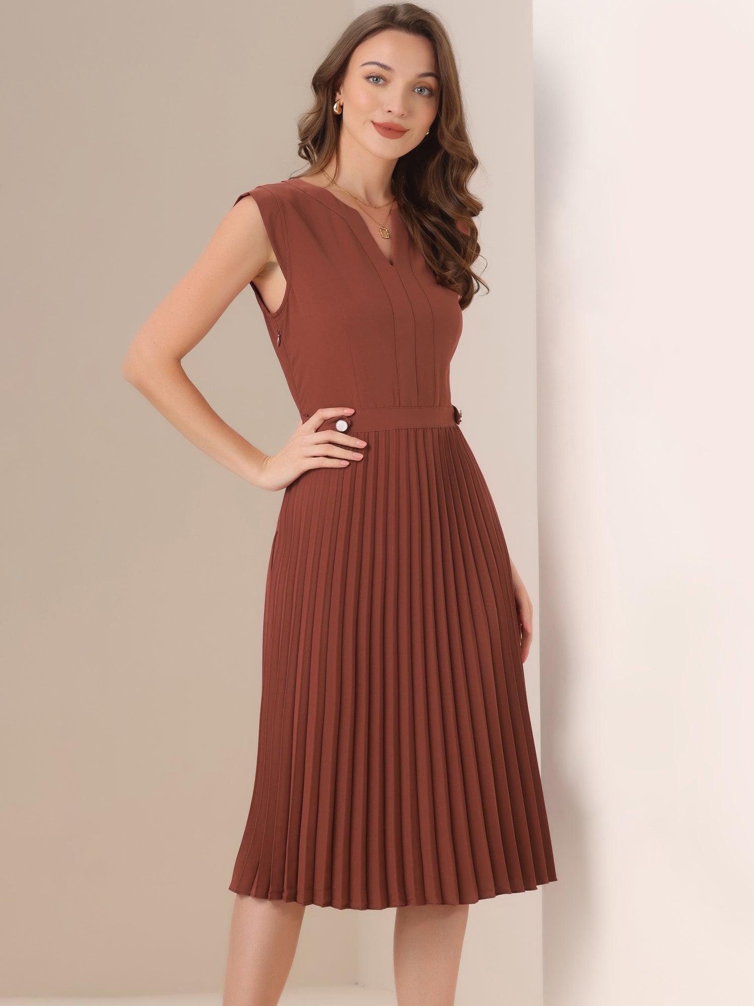 Sleeveless Dress Casual V Neck Button Pleated Midi Dress