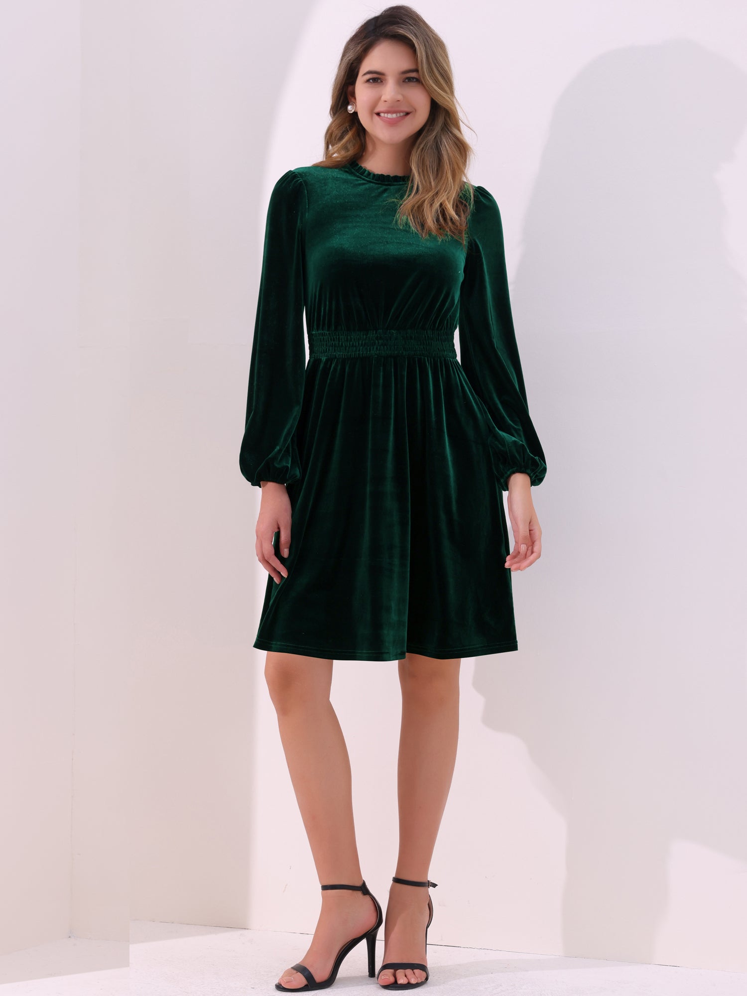 Velvet Smocked Waistline Long Sleeve Midi Dress