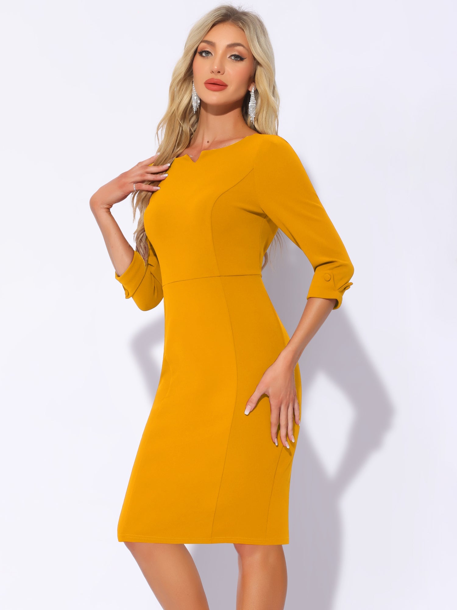3/4 Sleeve Notch Neck Slim Fit Work Pencil Midi Dress