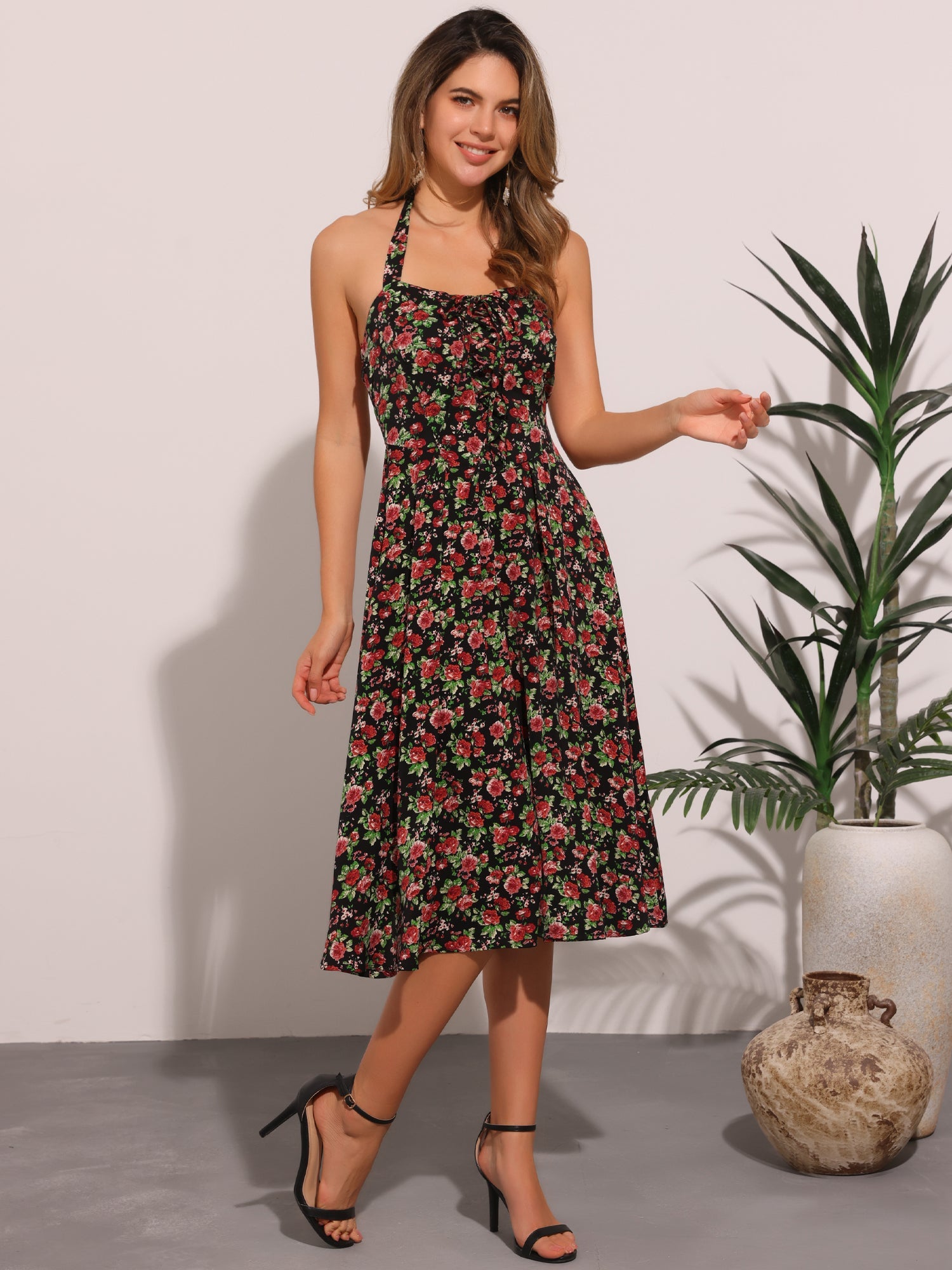 Halter Neck Floral Summer Sundress Sleeveless Lace Up Midi Dress