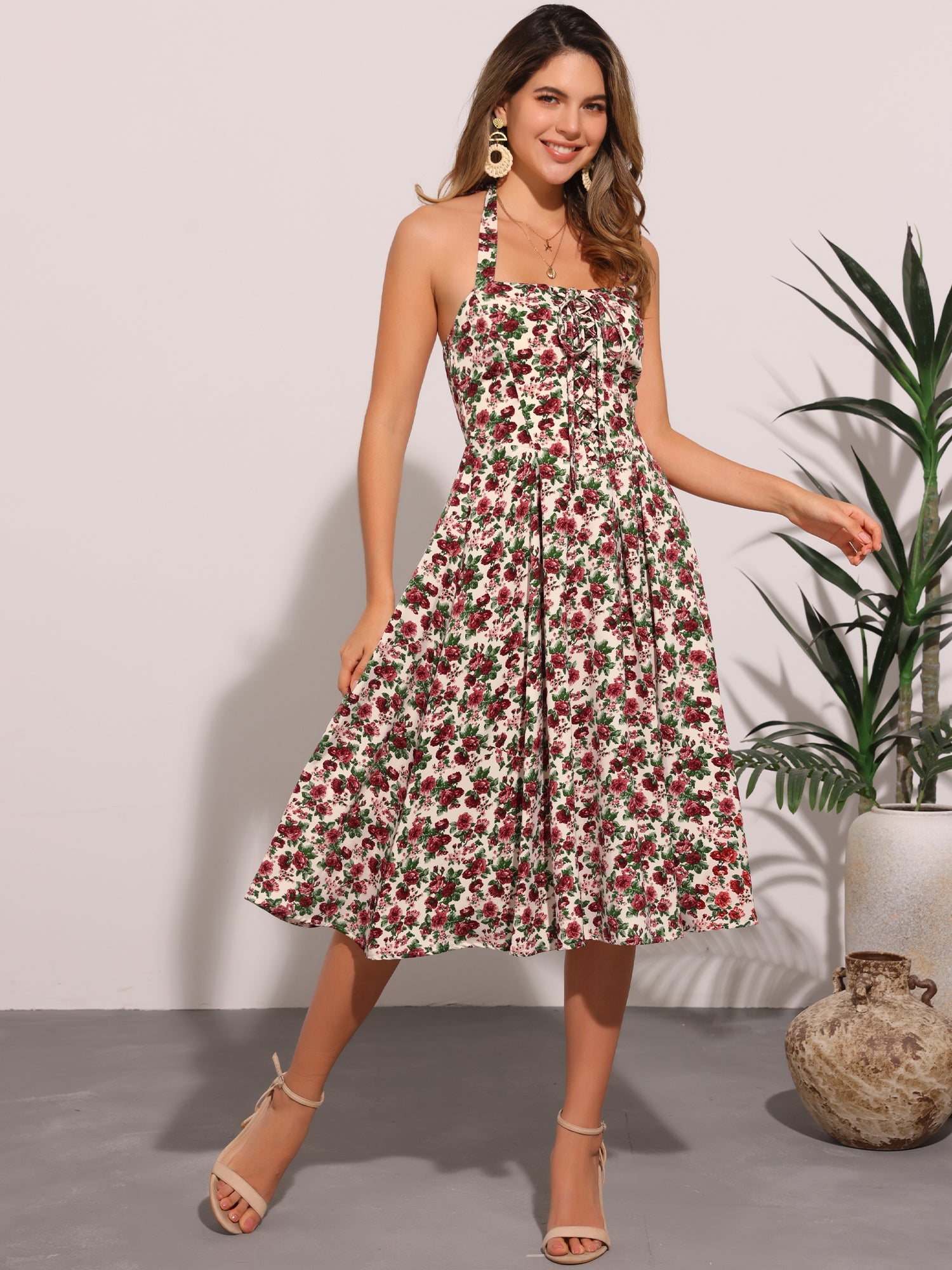 Halter Neck Floral Summer Sundress Sleeveless Lace Up Midi Dress