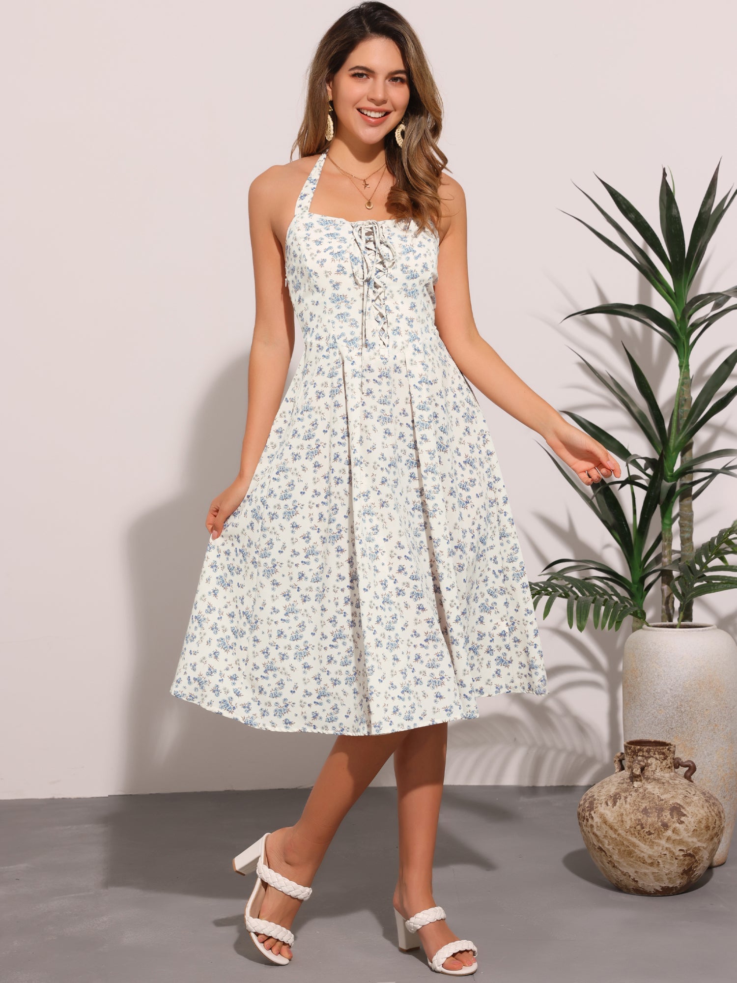 Halter Neck Floral Summer Sundress Sleeveless Lace Up Midi Dress