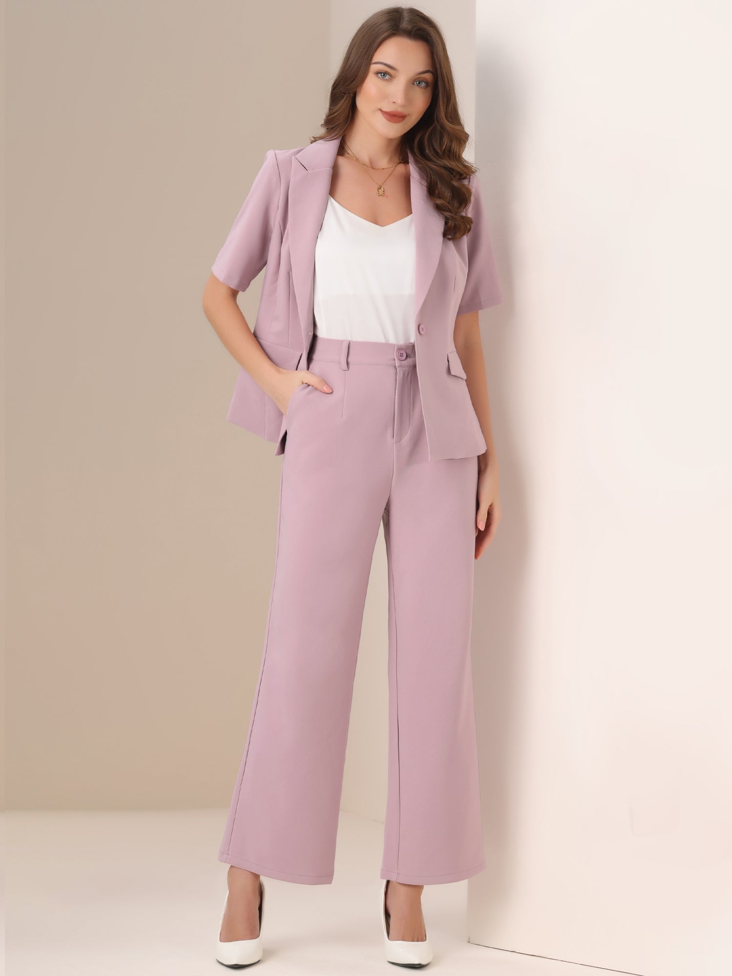 2 Pieces One Button Short Sleeve Blazer Jacket and Suit Pants Office Suit Set