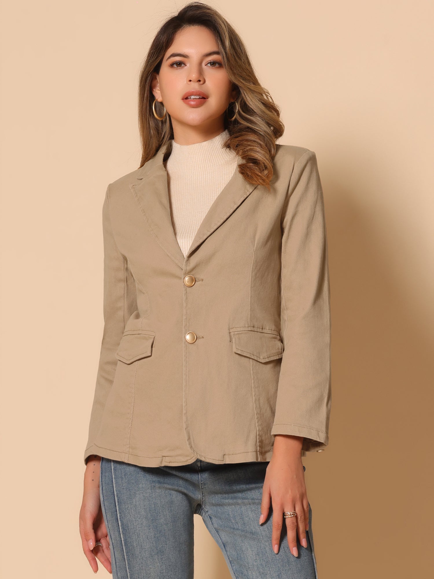 Notched Lapel Denim Single Breasted Shoulder Pad Blazer Jackets